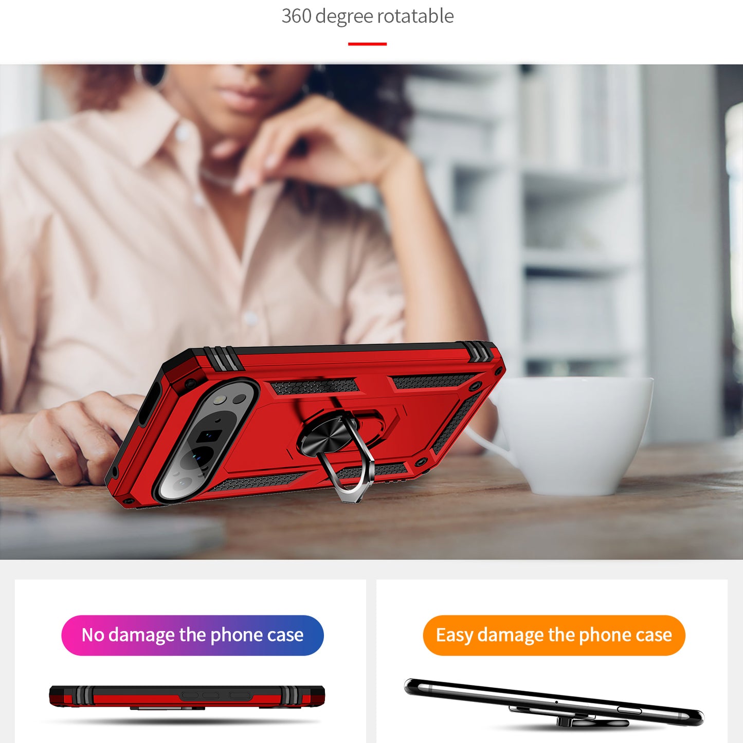 For Google Pixel 9 Pro Case Shockproof Kickstand PC+TPU Phone Cover - Red