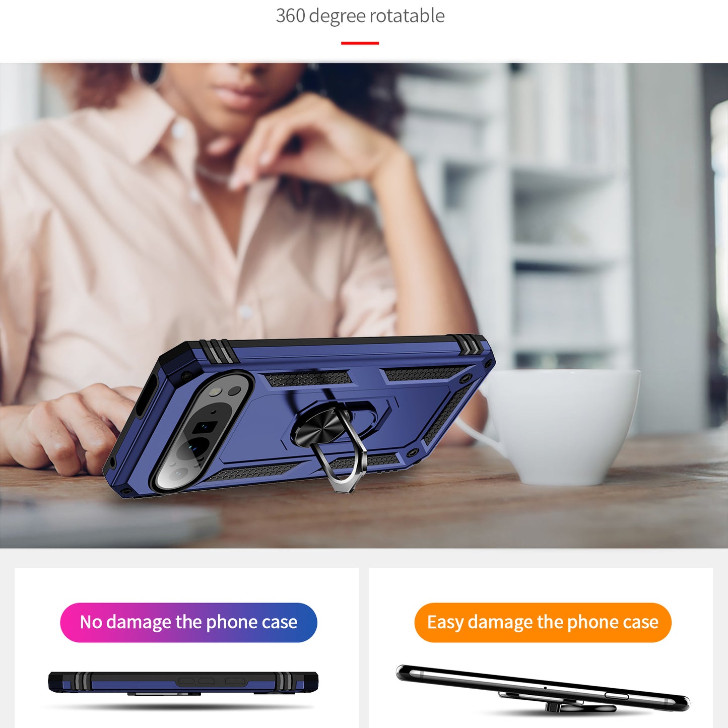 For Google Pixel 9 Pro Case Shockproof Kickstand PC+TPU Phone Cover - Blue