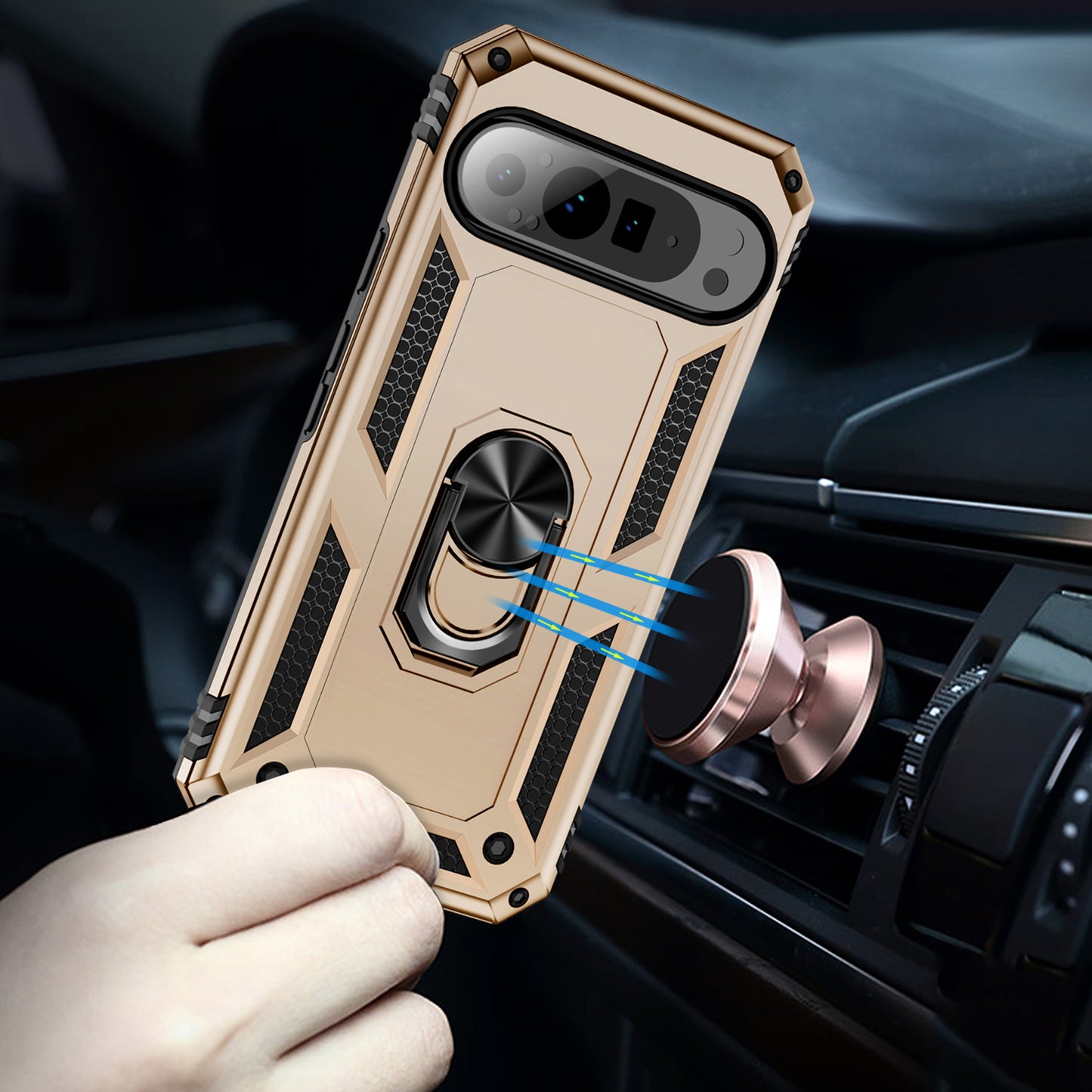 For Google Pixel 9 Pro Case Shockproof Kickstand PC+TPU Phone Cover - Gold