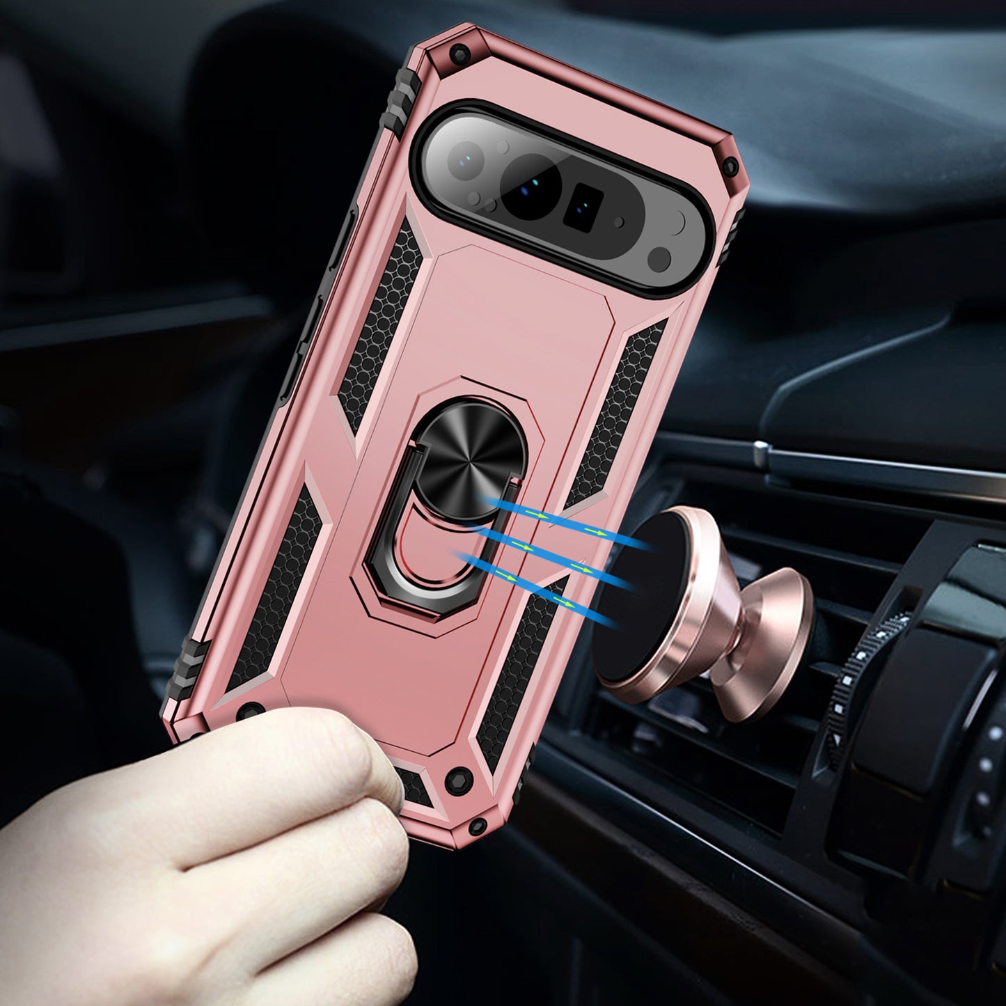 For Google Pixel 9 Pro Case Shockproof Kickstand PC+TPU Phone Cover - Rose Gold