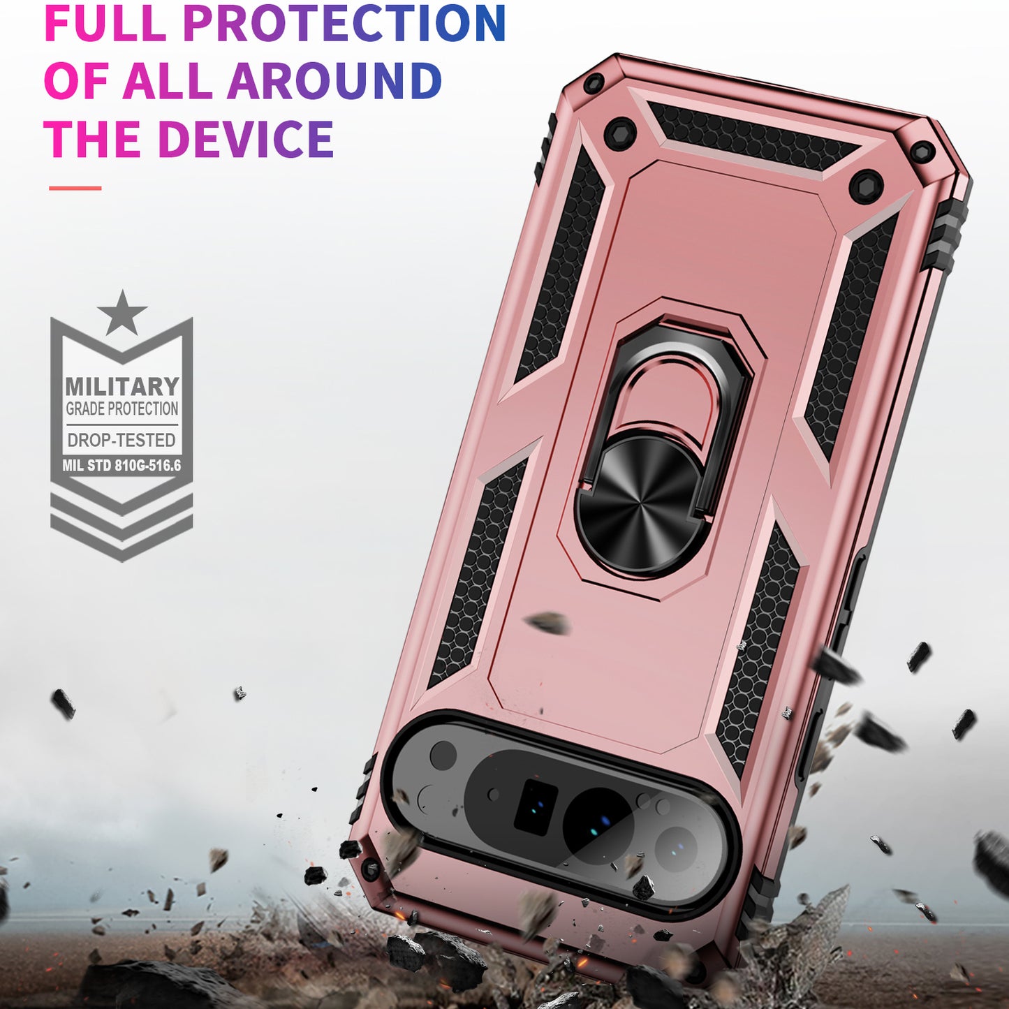 For Google Pixel 9 Pro Case Shockproof Kickstand PC+TPU Phone Cover - Rose Gold
