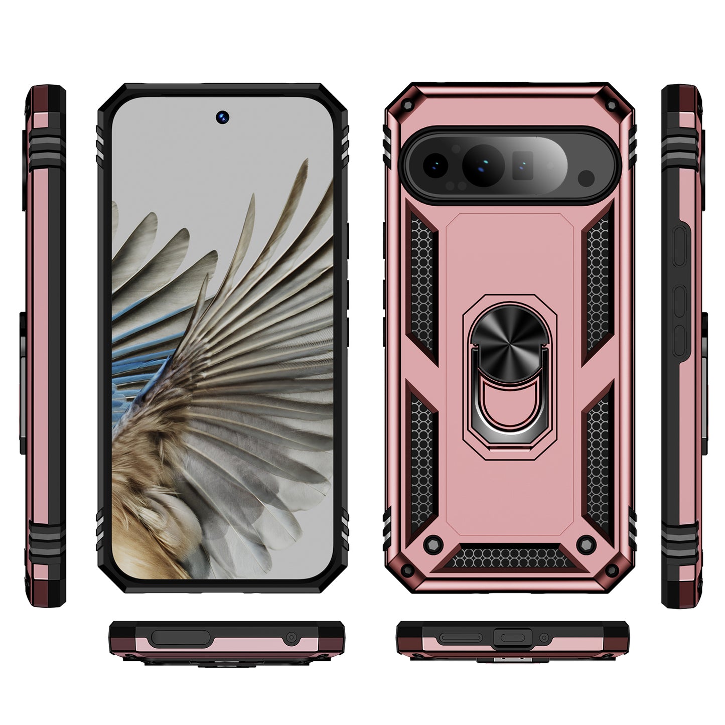 For Google Pixel 9 Pro Case Shockproof Kickstand PC+TPU Phone Cover - Rose Gold