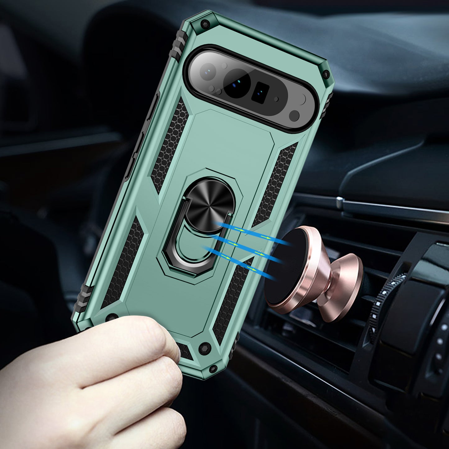 For Google Pixel 9 Pro Case Shockproof Kickstand PC+TPU Phone Cover - Blackish Green