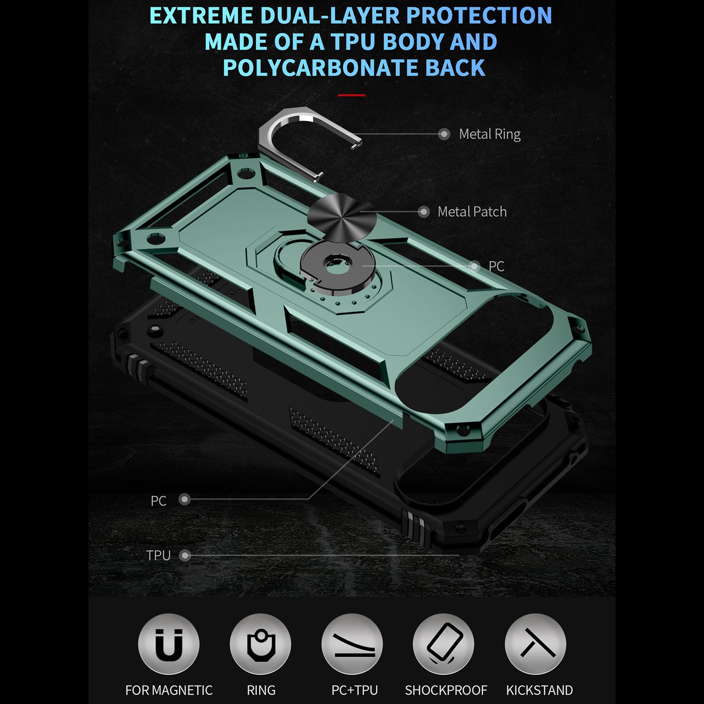 For Google Pixel 9 Pro Case Shockproof Kickstand PC+TPU Phone Cover - Blackish Green