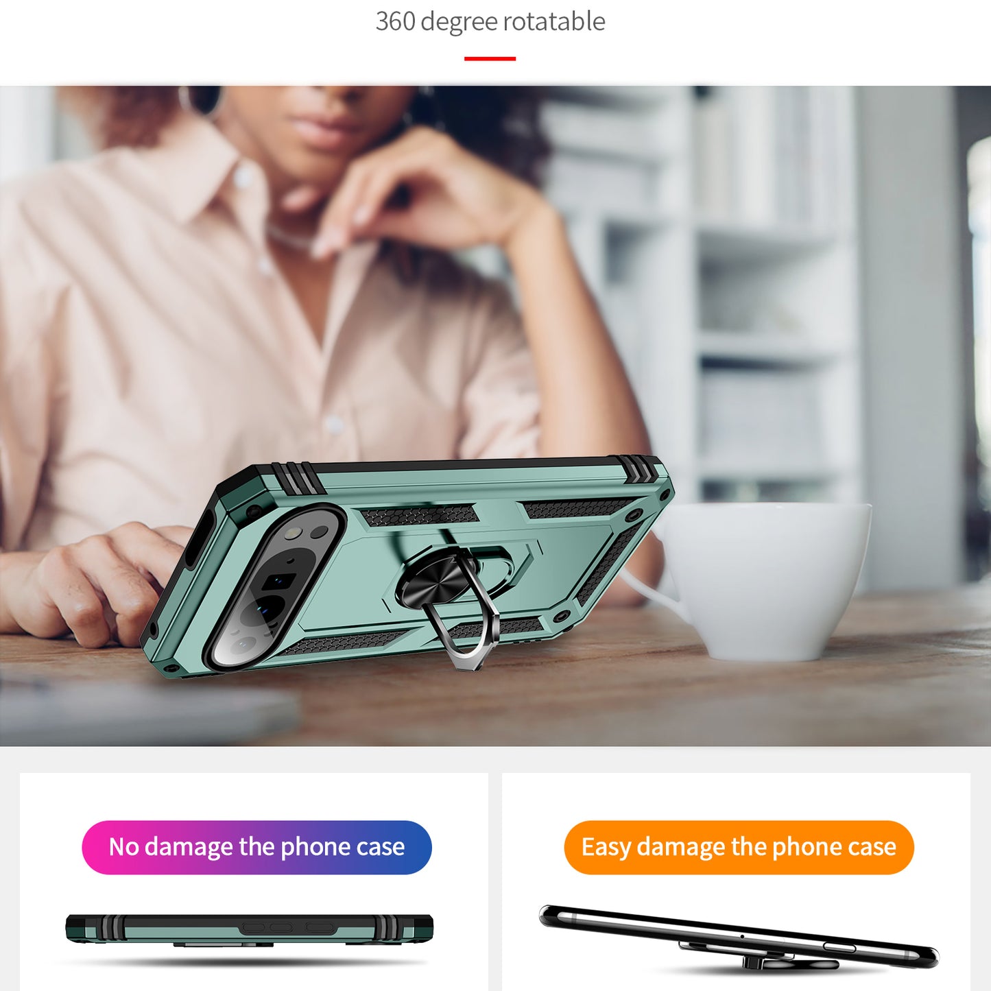 For Google Pixel 9 Pro Case Shockproof Kickstand PC+TPU Phone Cover - Blackish Green