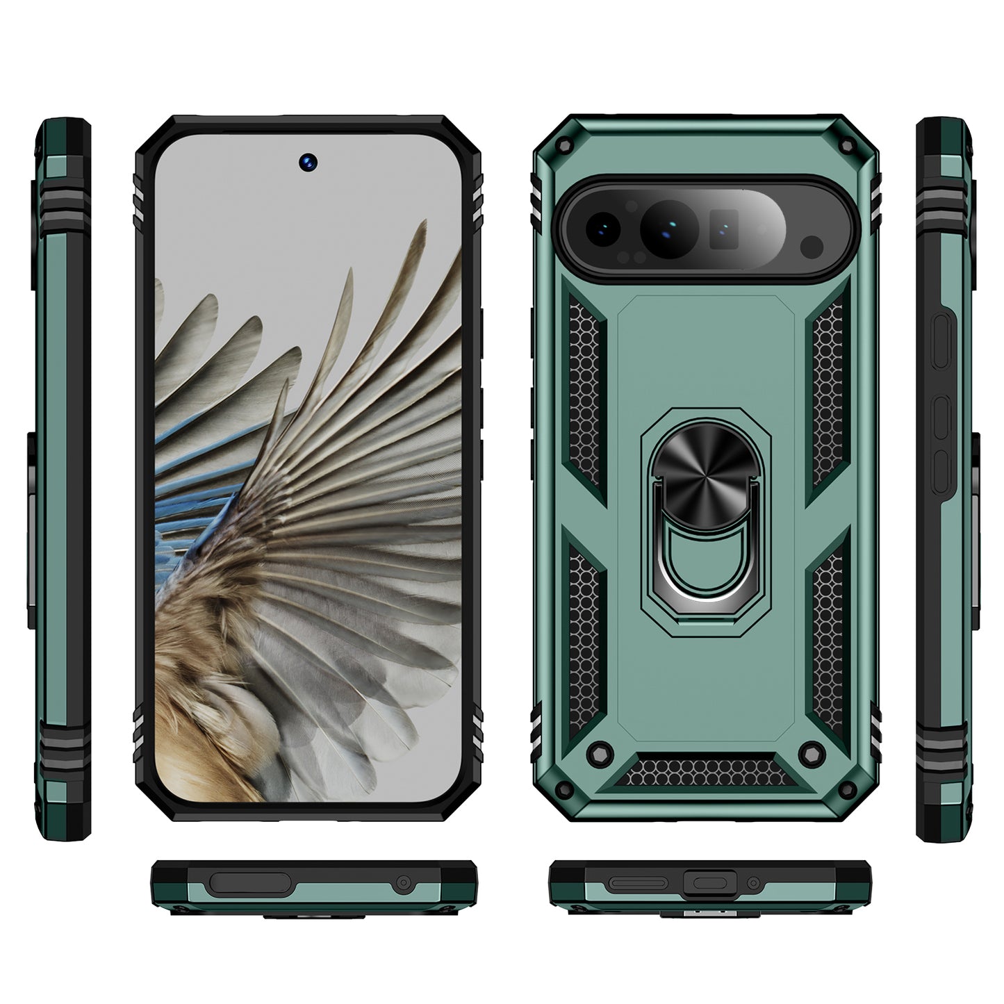For Google Pixel 9 Pro Case Shockproof Kickstand PC+TPU Phone Cover - Blackish Green