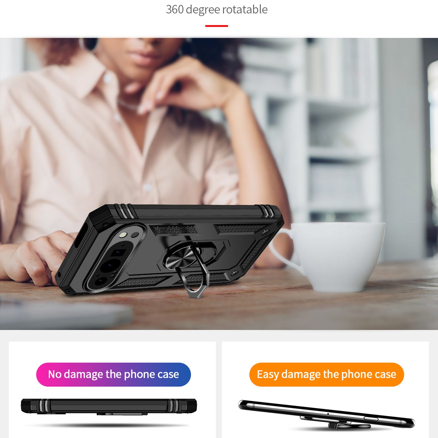 For Google Pixel 9 Case Scratch-proof PC+TPU Kickstand Phone Cover - Black