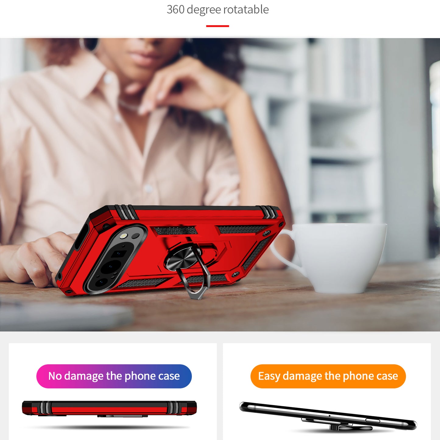 For Google Pixel 9 Case Scratch-proof PC+TPU Kickstand Phone Cover - Red