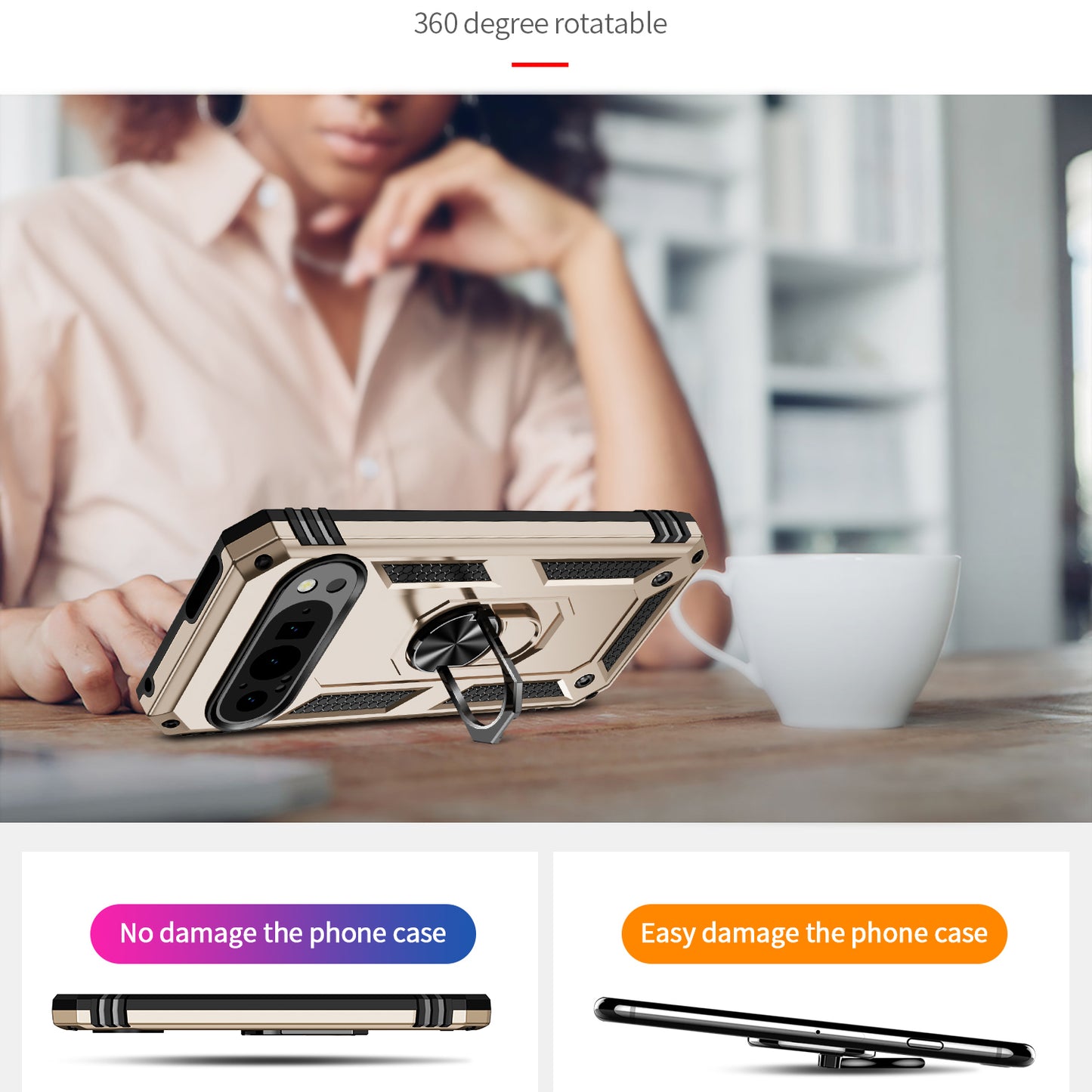 For Google Pixel 9 Case Scratch-proof PC+TPU Kickstand Phone Cover - Gold