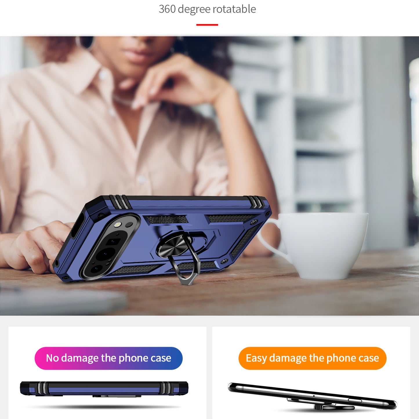 For Google Pixel 9 Case Scratch-proof PC+TPU Kickstand Phone Cover - Blue