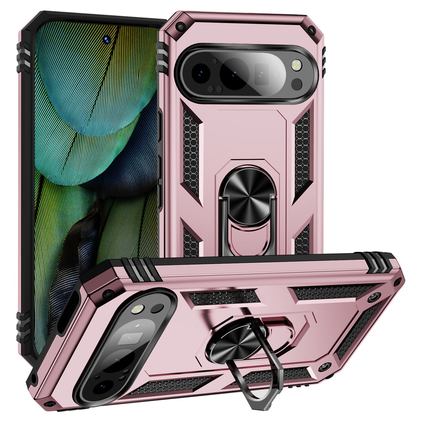 For Google Pixel 9 Case Scratch-proof PC+TPU Kickstand Phone Cover - Rose Gold