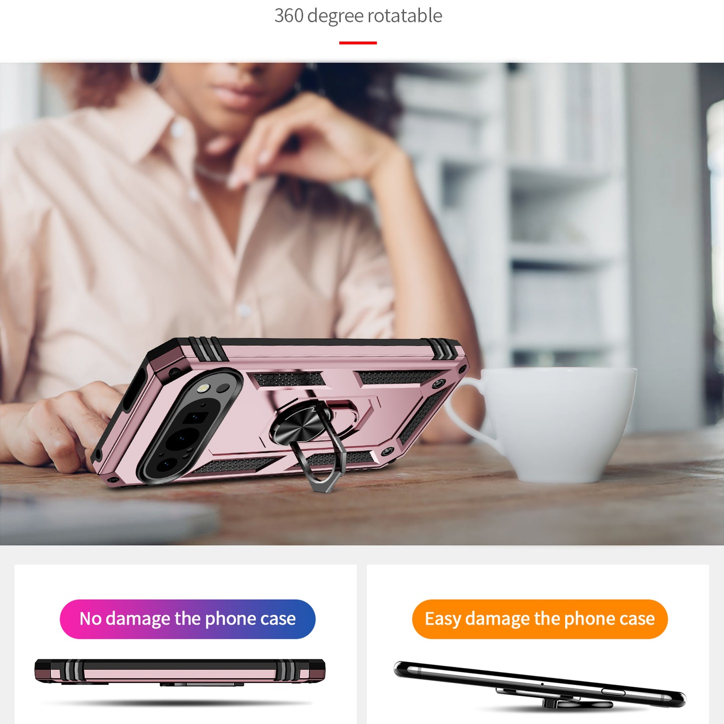 For Google Pixel 9 Case Scratch-proof PC+TPU Kickstand Phone Cover - Rose Gold