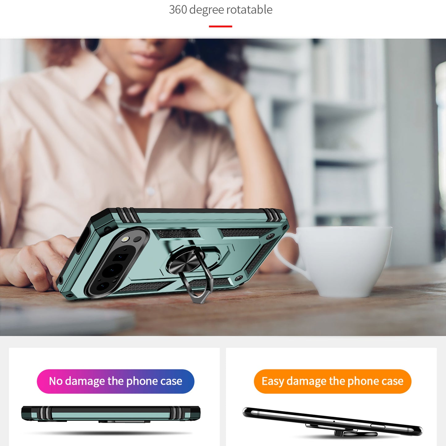 For Google Pixel 9 Case Scratch-proof PC+TPU Kickstand Phone Cover - Blackish Green