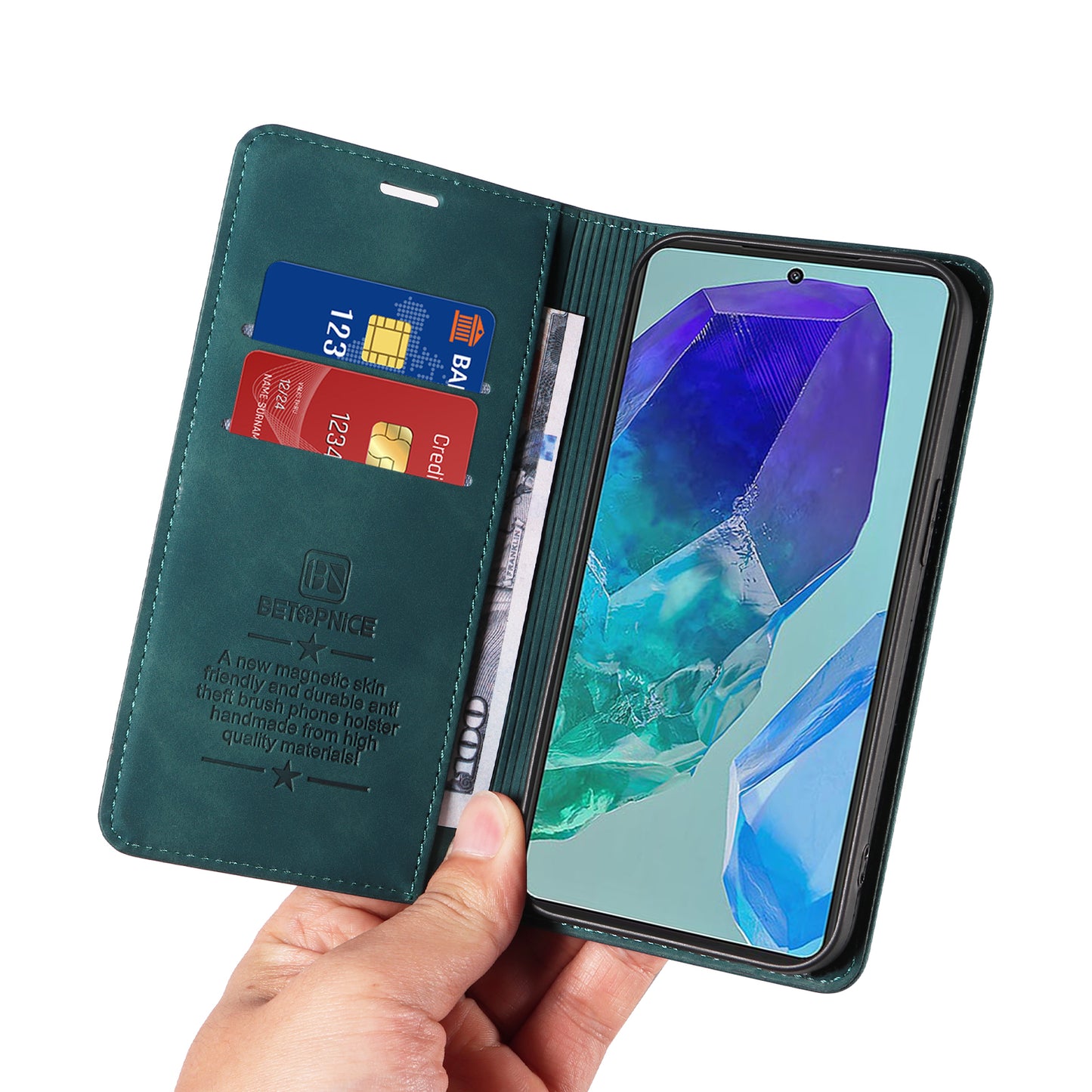 BETOPNICE 003 For Samsung Galaxy M55 5G Case Magnetic Closing Leather Cover RFID Blocking Wallet - Green