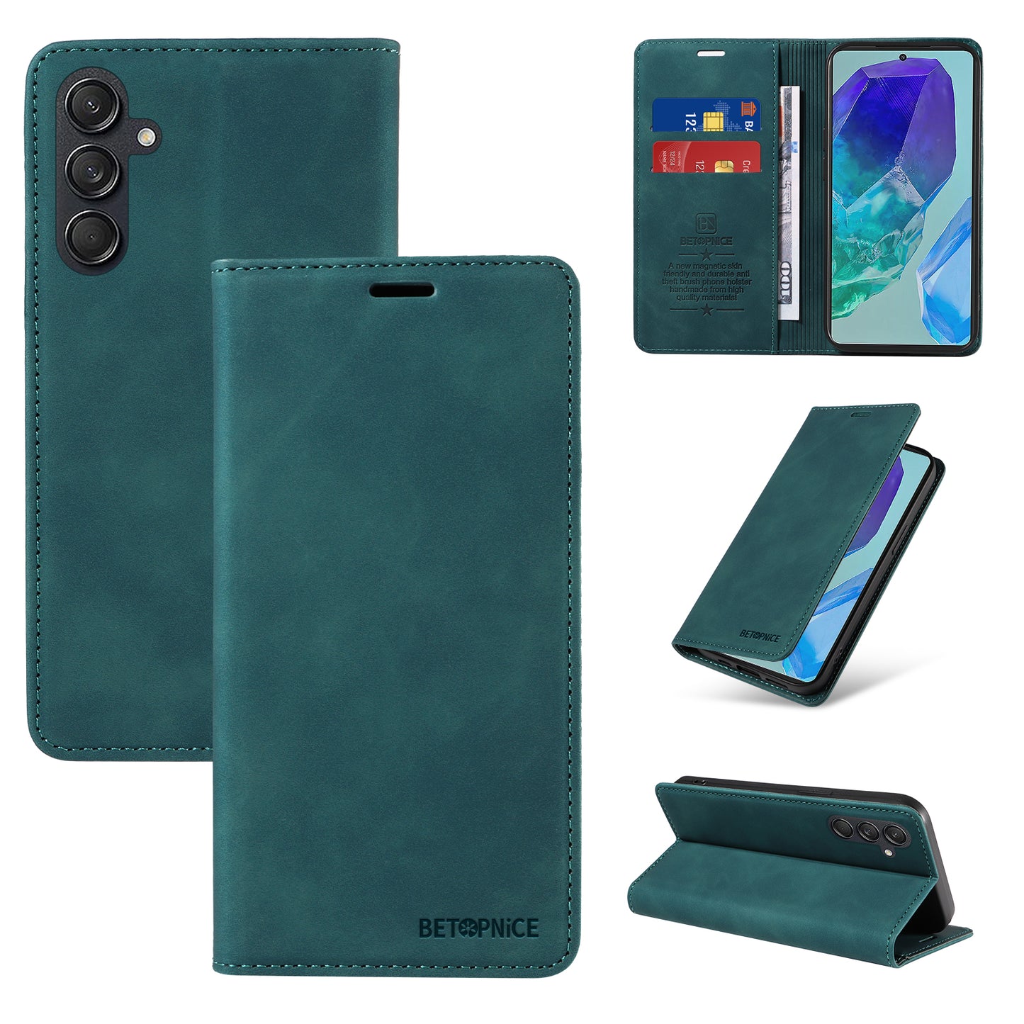 BETOPNICE 003 For Samsung Galaxy M55 5G Case Magnetic Closing Leather Cover RFID Blocking Wallet - Green