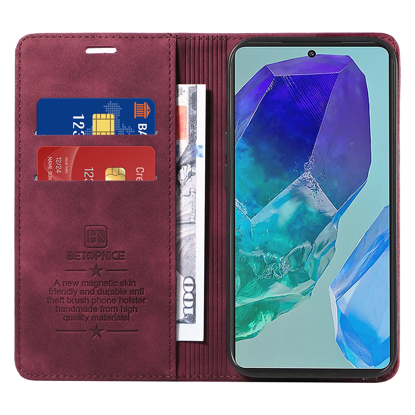 BETOPNICE 003 For Samsung Galaxy M55 5G Case Magnetic Closing Leather Cover RFID Blocking Wallet - Red