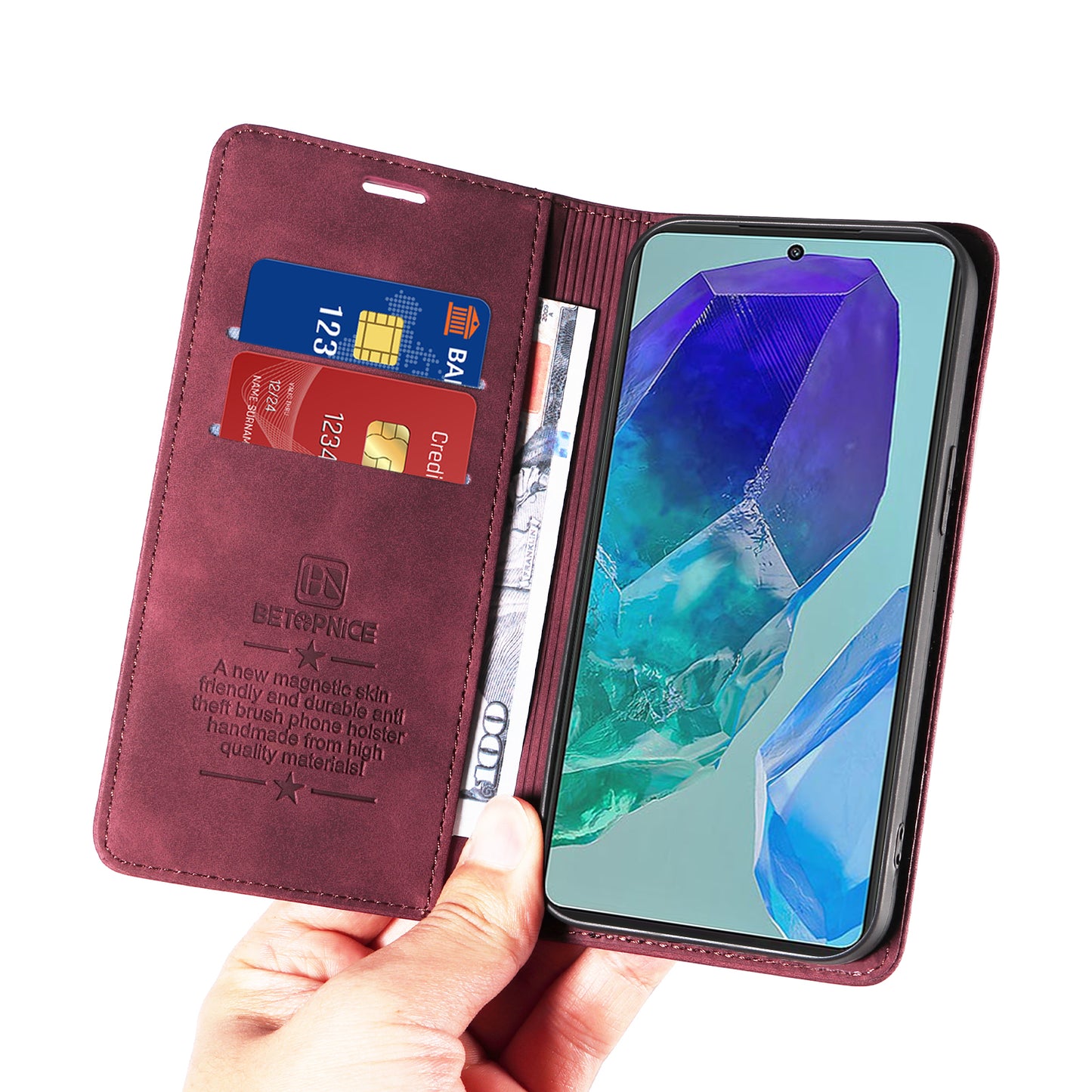 BETOPNICE 003 For Samsung Galaxy M55 5G Case Magnetic Closing Leather Cover RFID Blocking Wallet - Red