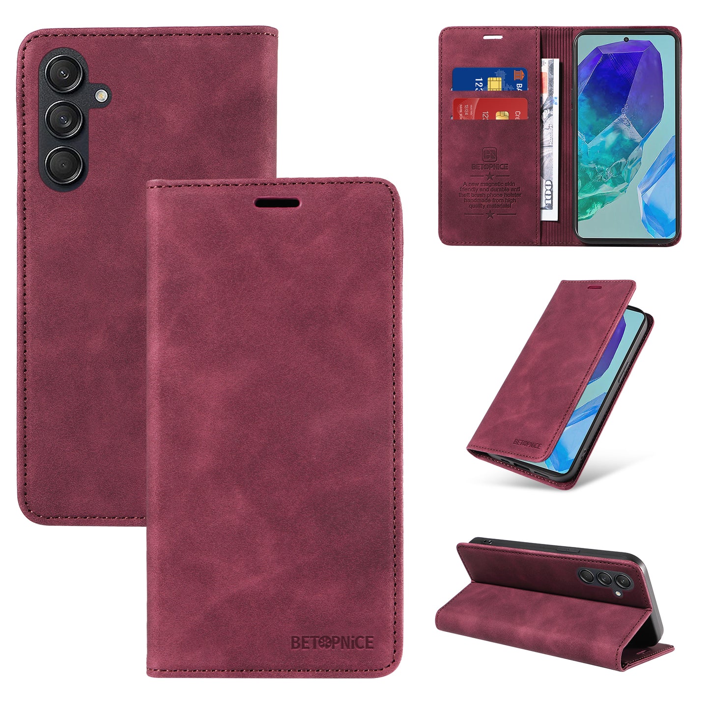 BETOPNICE 003 For Samsung Galaxy M55 5G Case Magnetic Closing Leather Cover RFID Blocking Wallet - Red