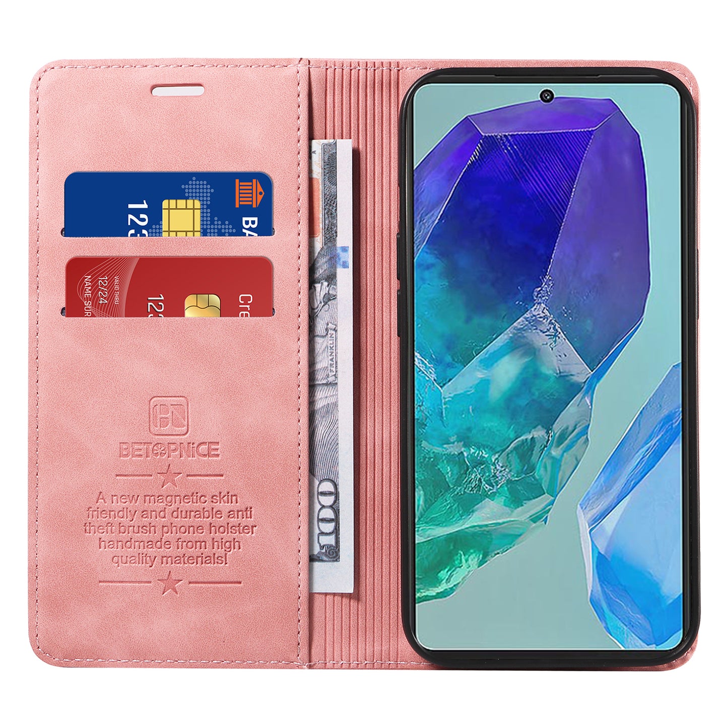 BETOPNICE 003 For Samsung Galaxy M55 5G Case Magnetic Closing Leather Cover RFID Blocking Wallet - Pink