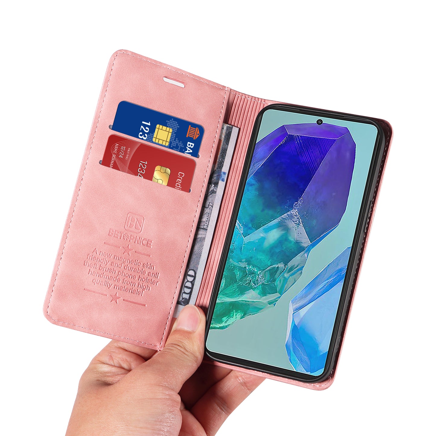 BETOPNICE 003 For Samsung Galaxy M55 5G Case Magnetic Closing Leather Cover RFID Blocking Wallet - Pink