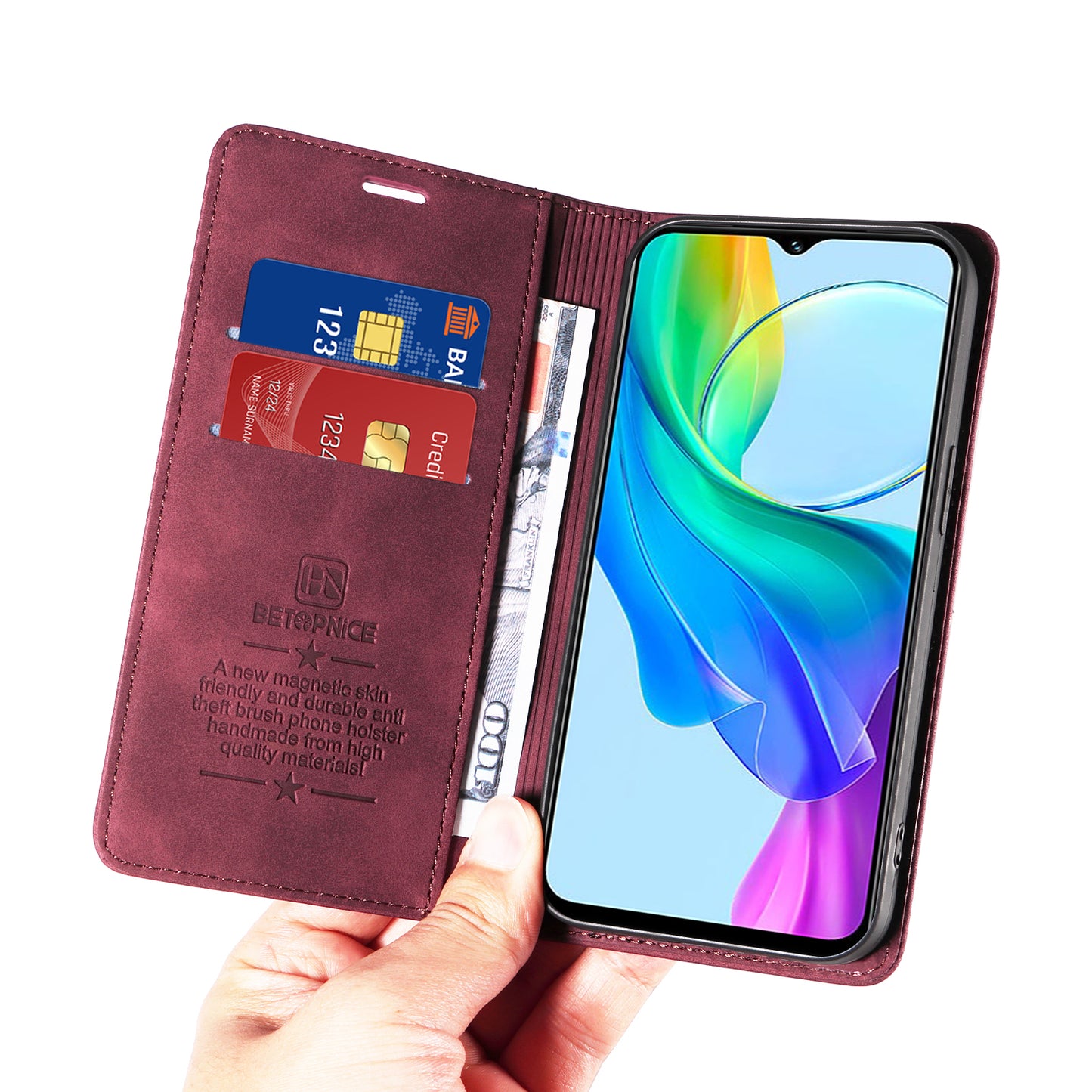 BETOPNICE 003 For vivo Y03 Case RFID Blocking Wallet Leather Flip Phone Cover - Red