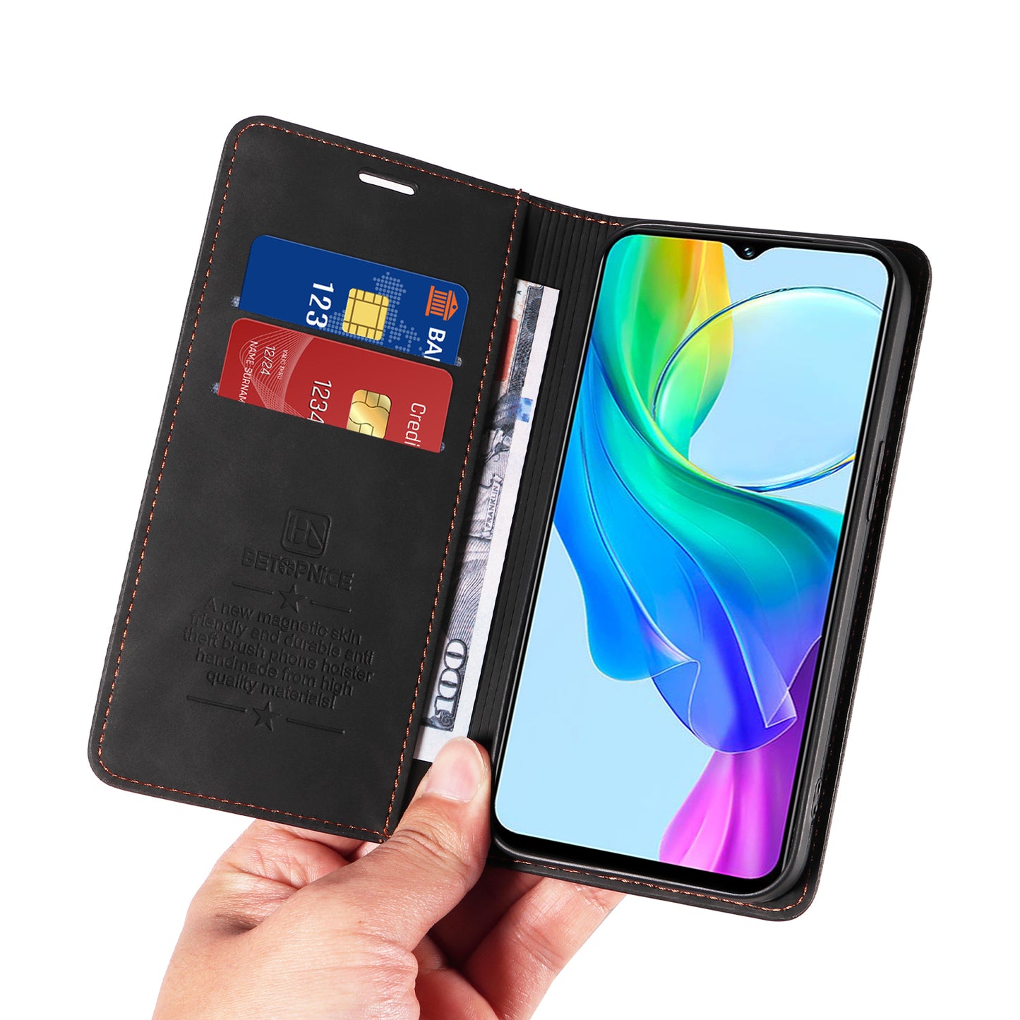 BETOPNICE 003 For vivo Y03 Case RFID Blocking Wallet Leather Flip Phone Cover - Black