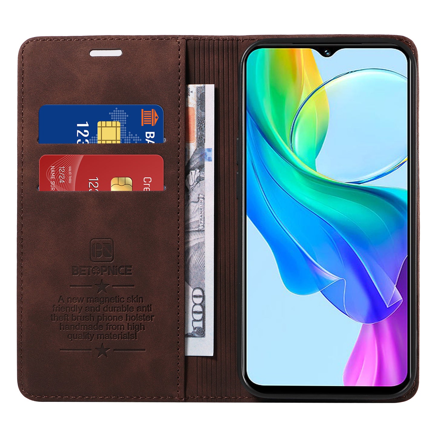 BETOPNICE 003 For vivo Y03 Case RFID Blocking Wallet Leather Flip Phone Cover - Brown