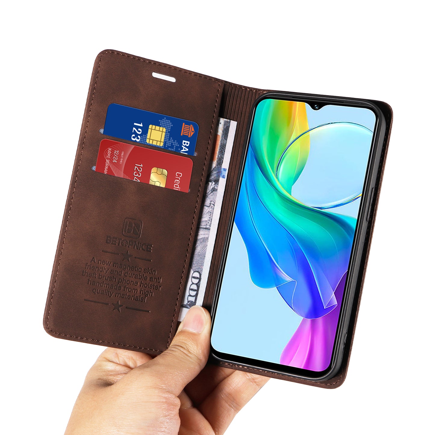 BETOPNICE 003 For vivo Y03 Case RFID Blocking Wallet Leather Flip Phone Cover - Brown