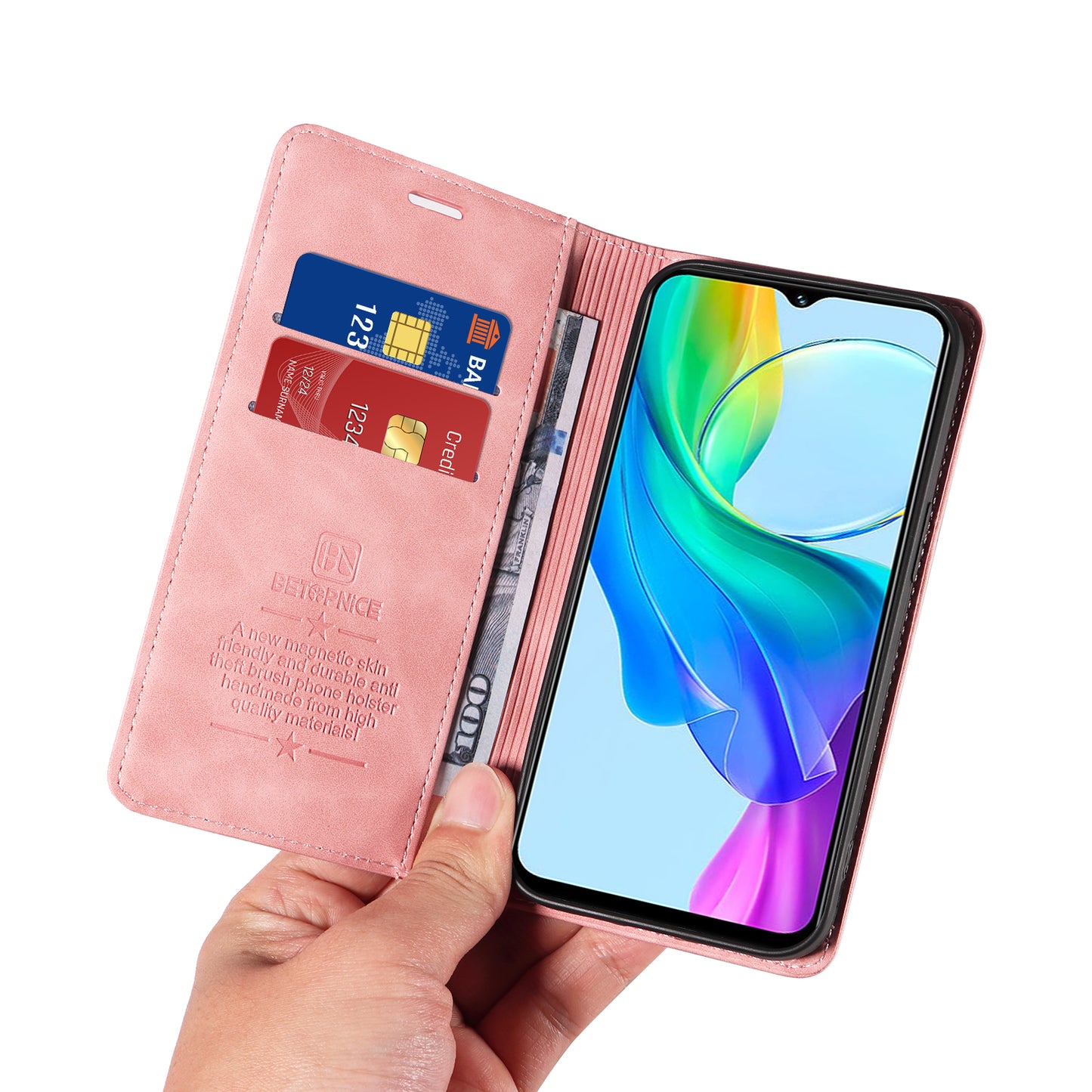 BETOPNICE 003 For vivo Y03 Case RFID Blocking Wallet Leather Flip Phone Cover - Pink