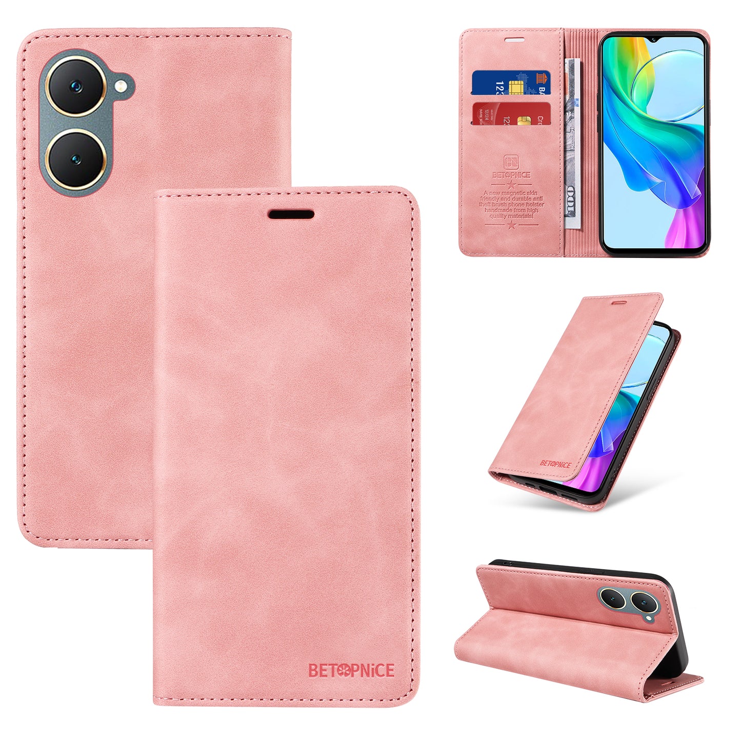 BETOPNICE 003 For vivo Y03 Case RFID Blocking Wallet Leather Flip Phone Cover - Pink