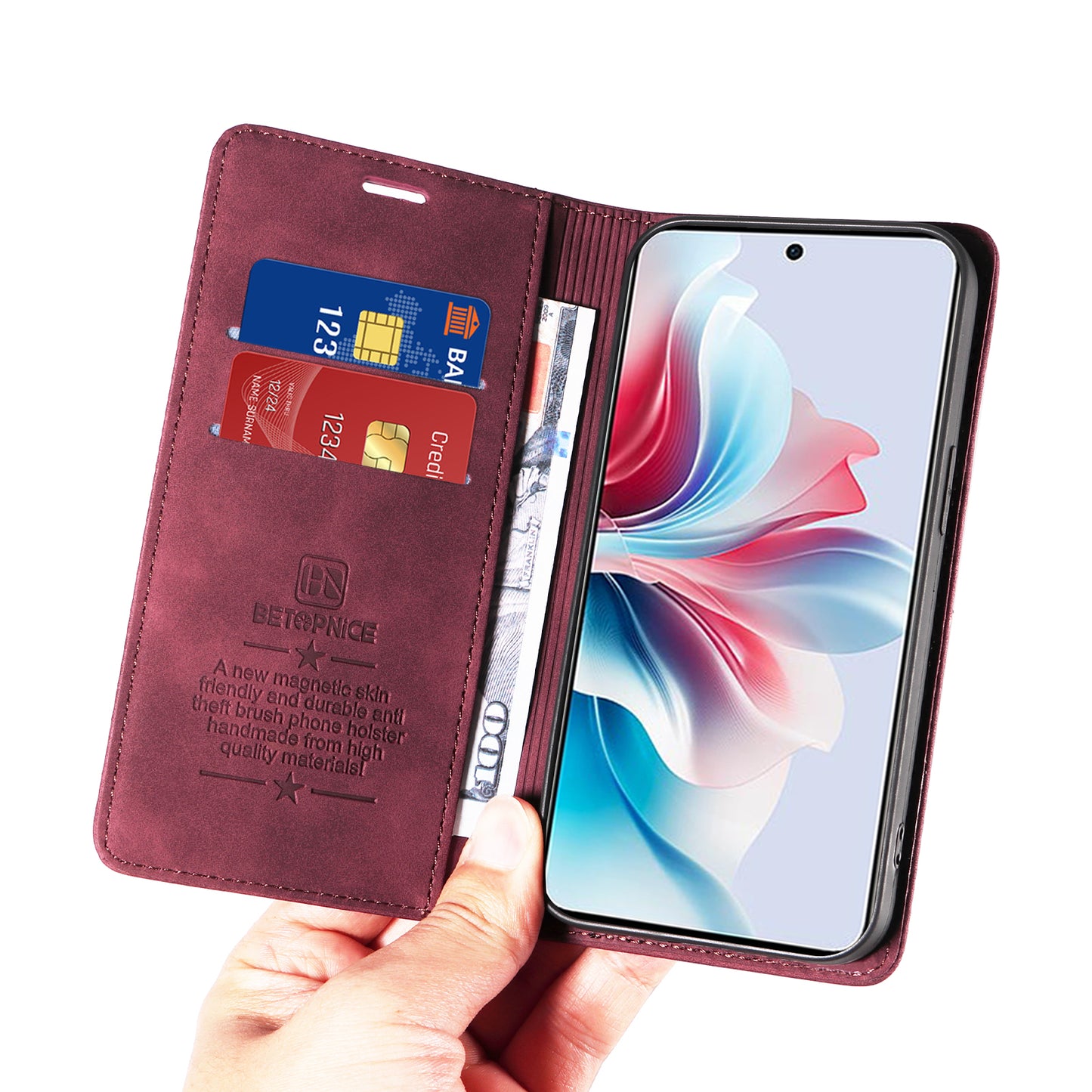 BETOPNICE 003 For Oppo Reno11 F 5G / F25 Pro 5G Case RFID Blocking Leather+TPU Wallet Phone Protector - Red