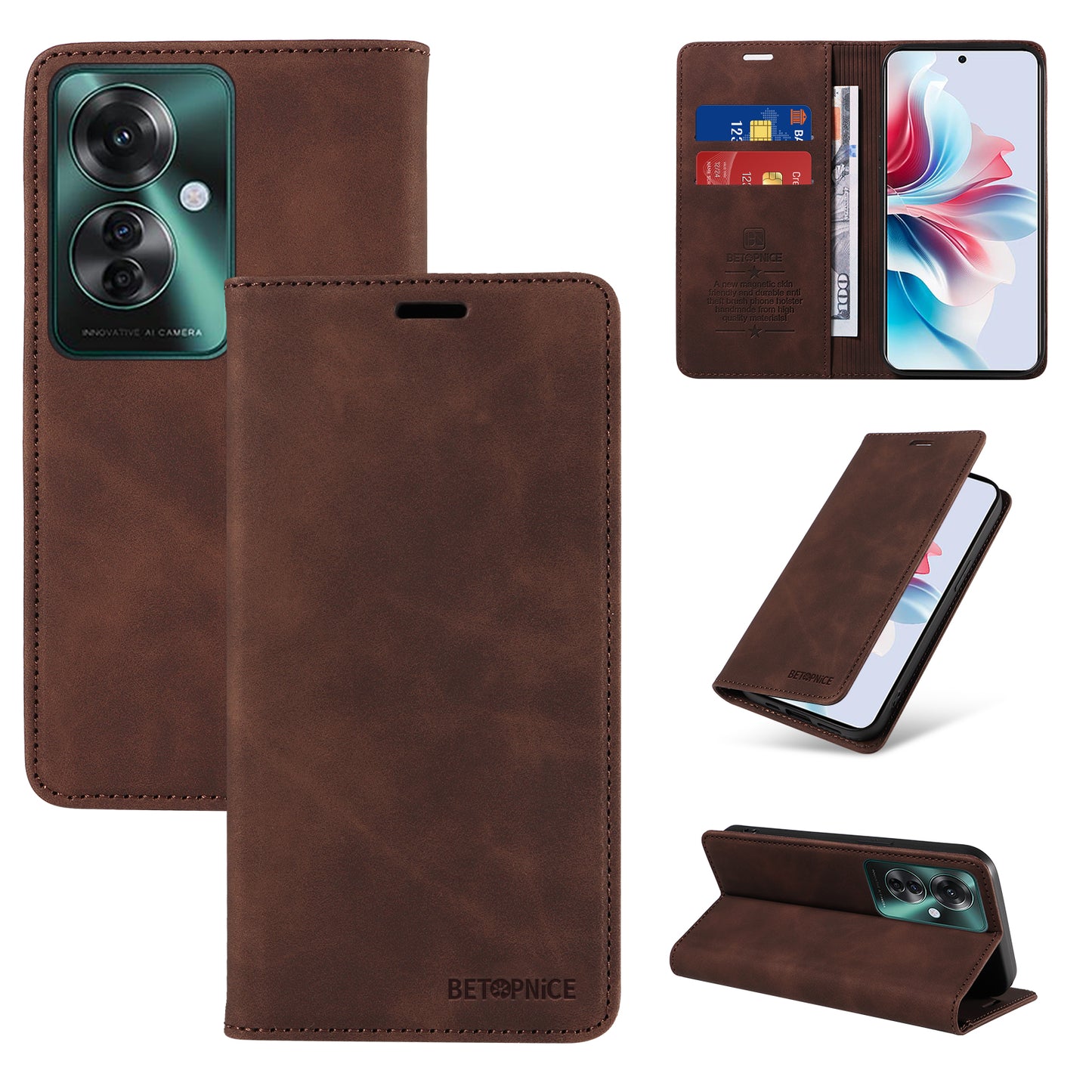BETOPNICE 003 For Oppo Reno11 F 5G / F25 Pro 5G Case RFID Blocking Leather+TPU Wallet Phone Protector - Brown
