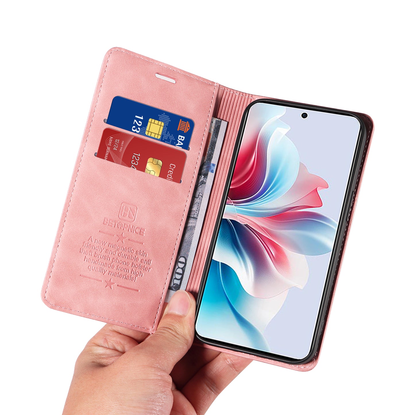 BETOPNICE 003 For Oppo Reno11 F 5G / F25 Pro 5G Case RFID Blocking Leather+TPU Wallet Phone Protector - Pink