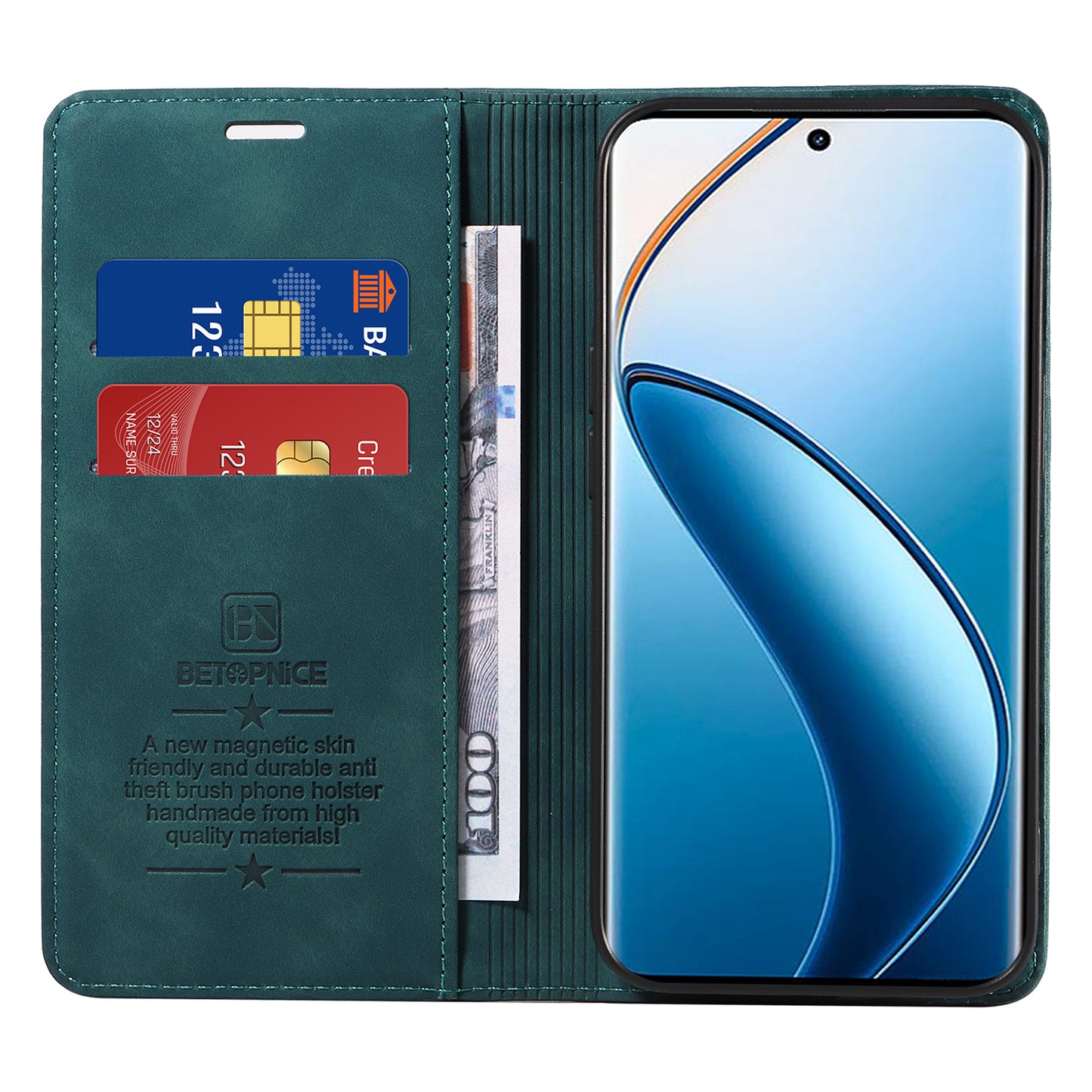BETOPNICE 003 For Realme 12 Pro+ 5G / 12 Pro 5G Case PU+TPU Phone Protective Cover RFID Blocking Wallet - Green