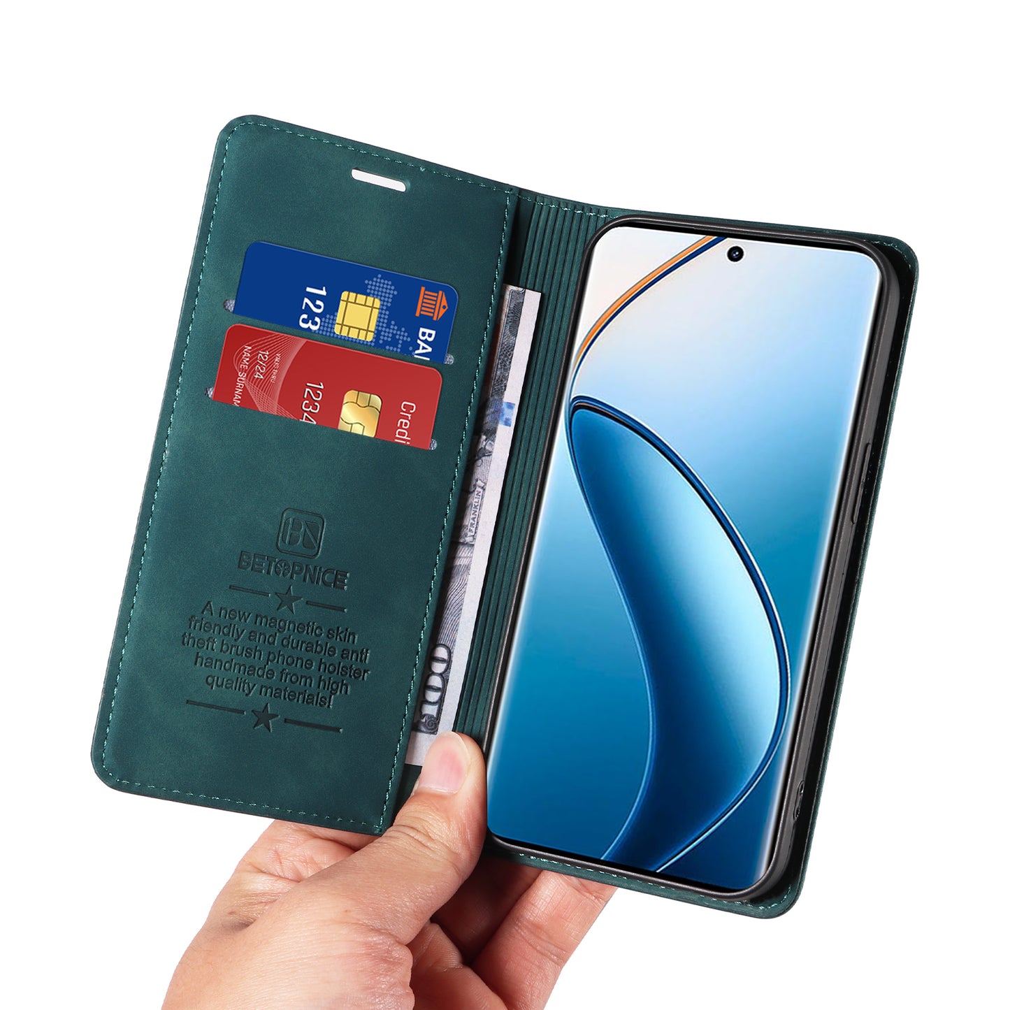 BETOPNICE 003 For Realme 12 Pro+ 5G / 12 Pro 5G Case PU+TPU Phone Protective Cover RFID Blocking Wallet - Green