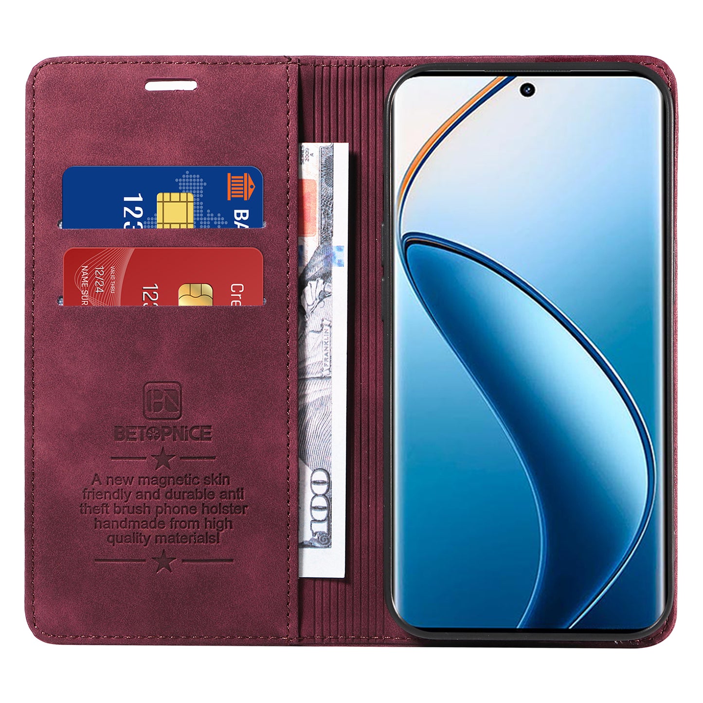 BETOPNICE 003 For Realme 12 Pro+ 5G / 12 Pro 5G Case PU+TPU Phone Protective Cover RFID Blocking Wallet - Red