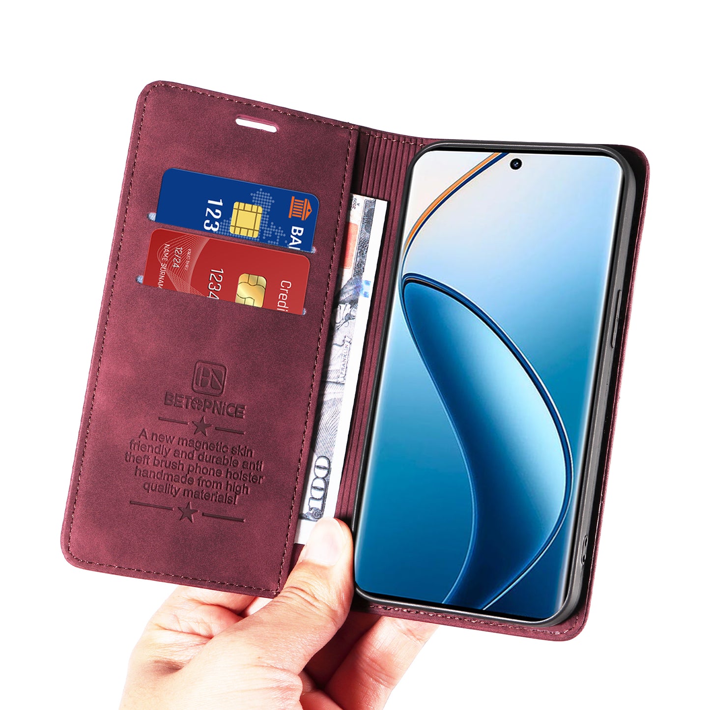 BETOPNICE 003 For Realme 12 Pro+ 5G / 12 Pro 5G Case PU+TPU Phone Protective Cover RFID Blocking Wallet - Red