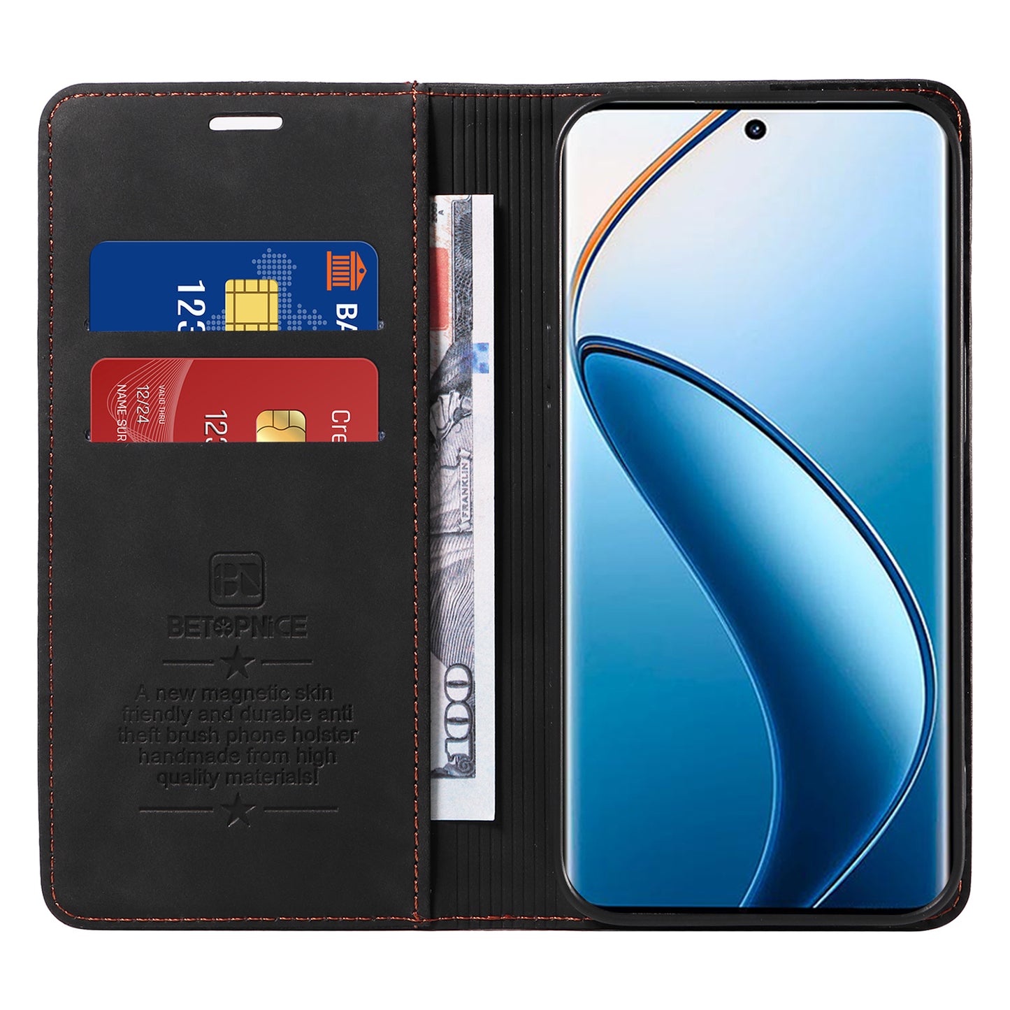 BETOPNICE 003 For Realme 12 Pro+ 5G / 12 Pro 5G Case PU+TPU Phone Protective Cover RFID Blocking Wallet - Black
