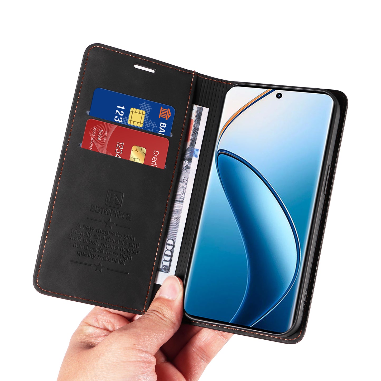 BETOPNICE 003 For Realme 12 Pro+ 5G / 12 Pro 5G Case PU+TPU Phone Protective Cover RFID Blocking Wallet - Black