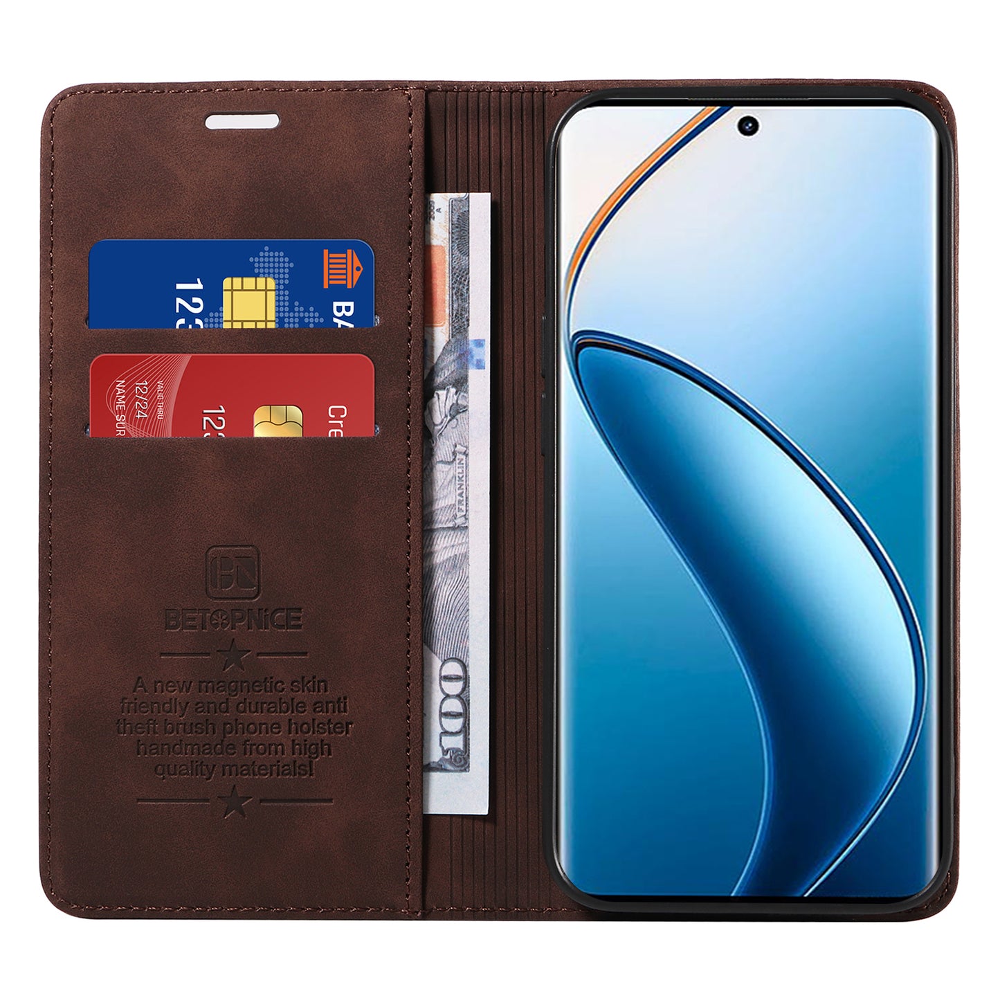 BETOPNICE 003 For Realme 12 Pro+ 5G / 12 Pro 5G Case PU+TPU Phone Protective Cover RFID Blocking Wallet - Brown