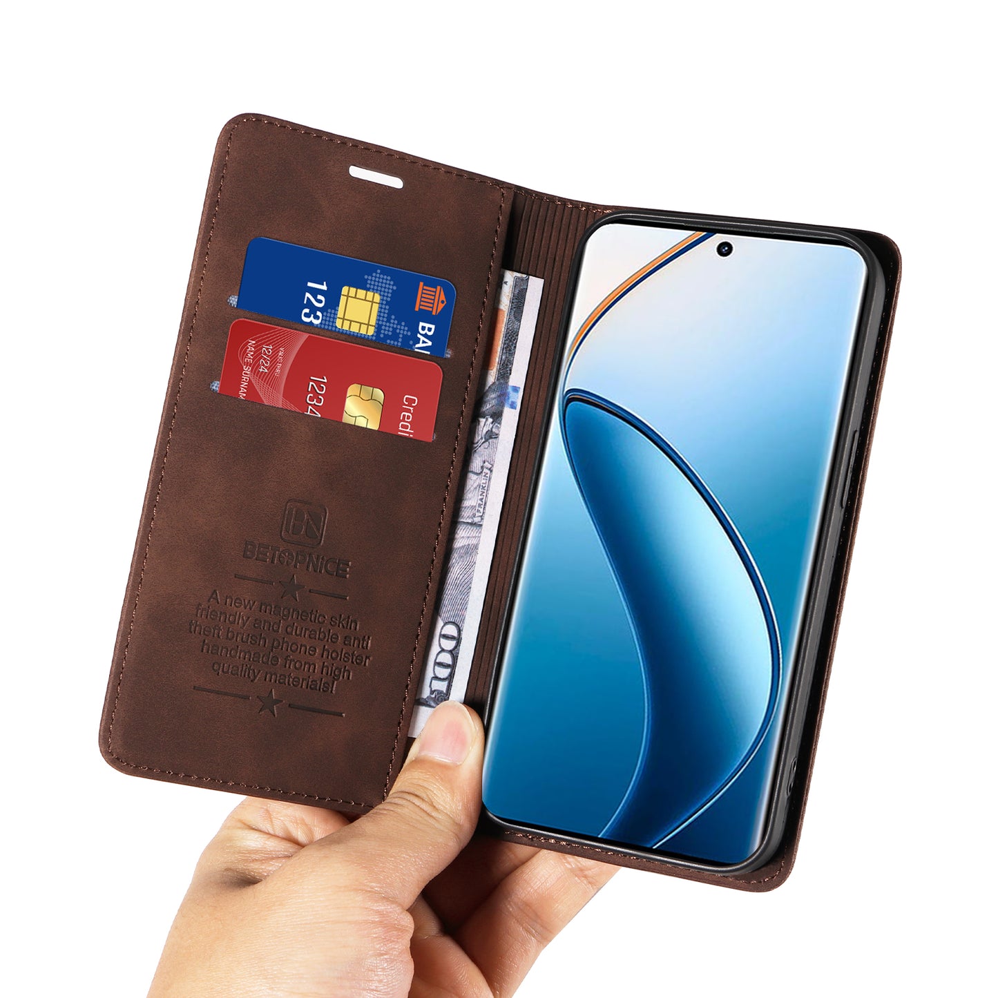 BETOPNICE 003 For Realme 12 Pro+ 5G / 12 Pro 5G Case PU+TPU Phone Protective Cover RFID Blocking Wallet - Brown
