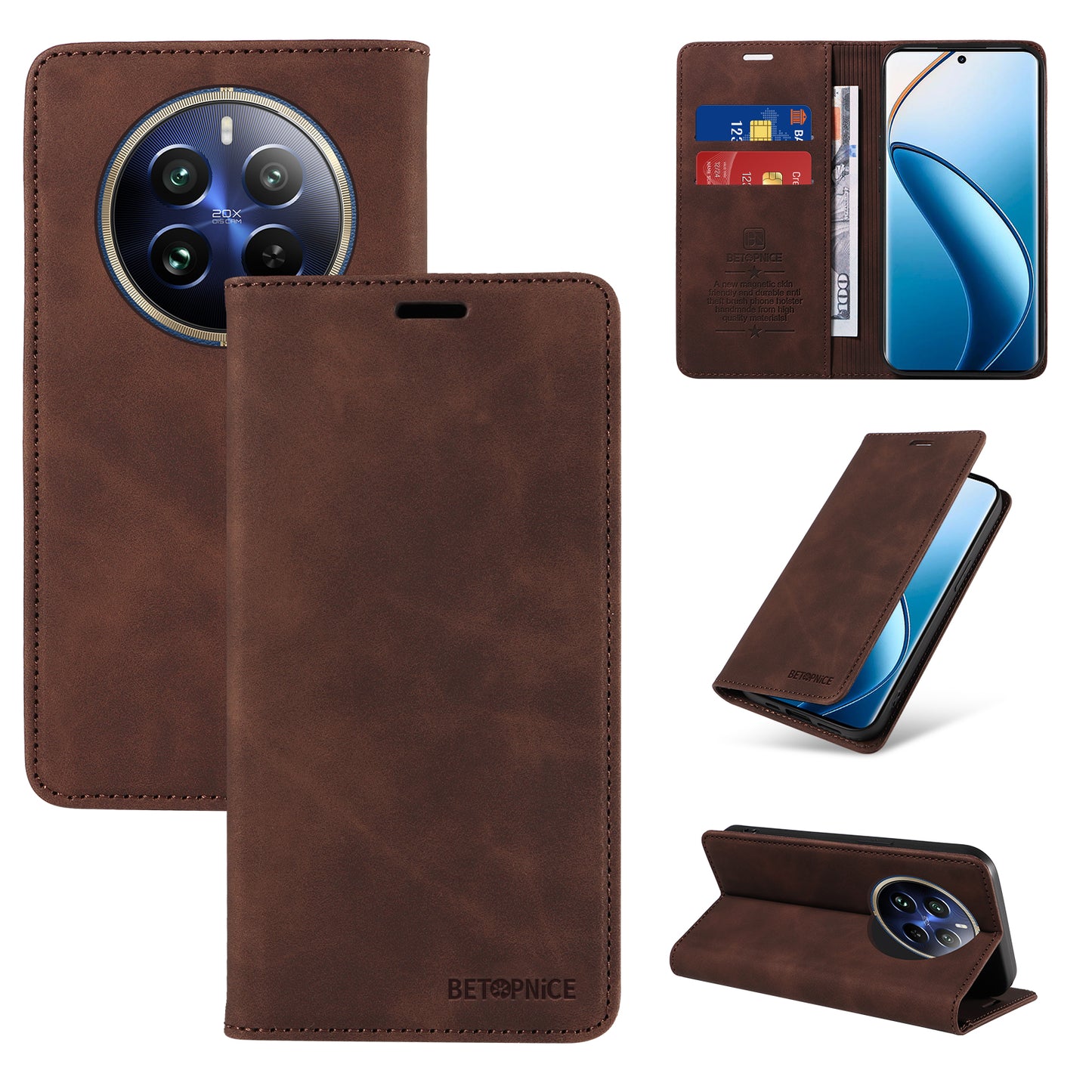 BETOPNICE 003 For Realme 12 Pro+ 5G / 12 Pro 5G Case PU+TPU Phone Protective Cover RFID Blocking Wallet - Brown