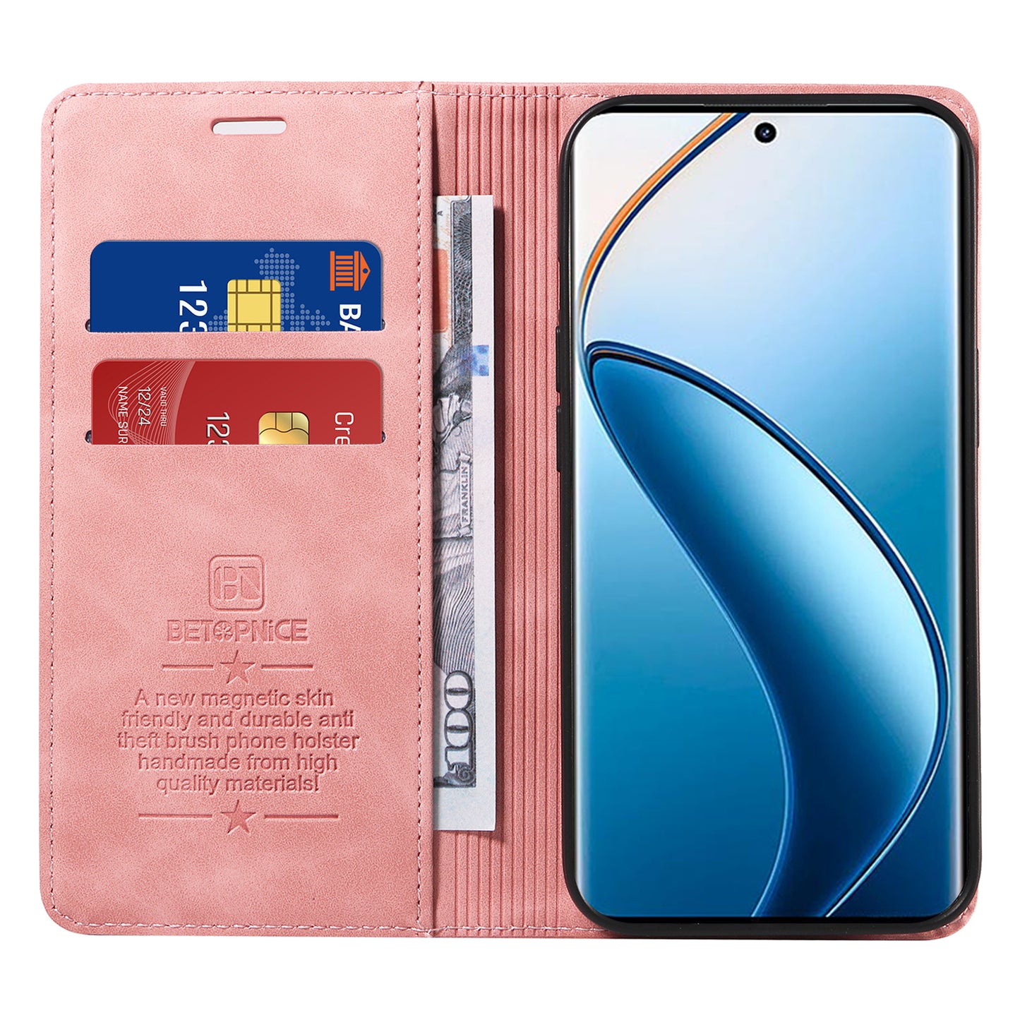 BETOPNICE 003 For Realme 12 Pro+ 5G / 12 Pro 5G Case PU+TPU Phone Protective Cover RFID Blocking Wallet - Pink