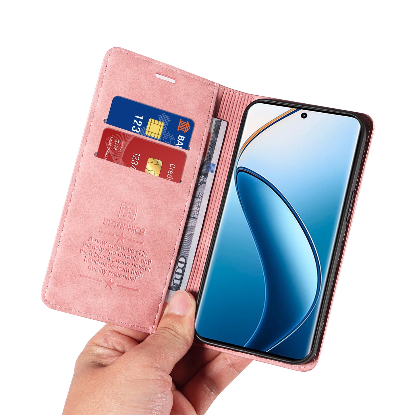 BETOPNICE 003 For Realme 12 Pro+ 5G / 12 Pro 5G Case PU+TPU Phone Protective Cover RFID Blocking Wallet - Pink