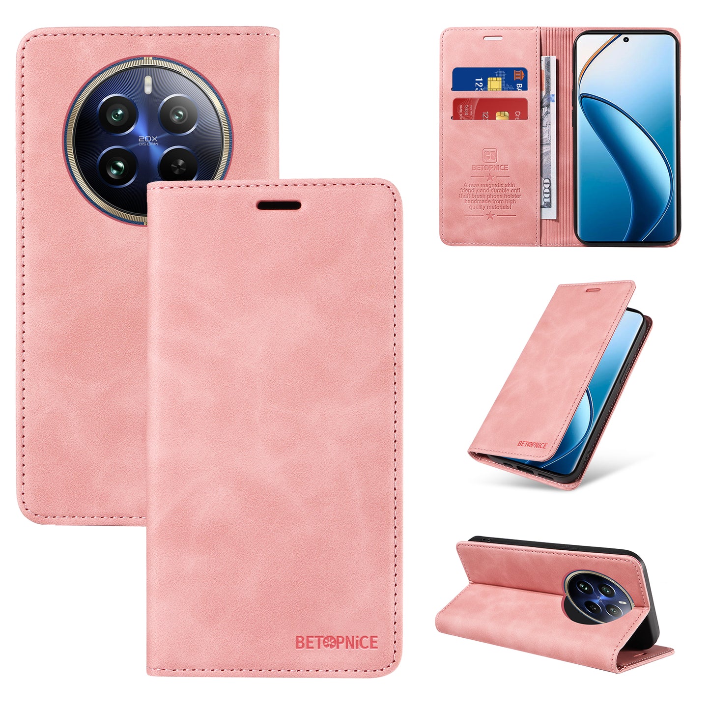 BETOPNICE 003 For Realme 12 Pro+ 5G / 12 Pro 5G Case PU+TPU Phone Protective Cover RFID Blocking Wallet - Pink