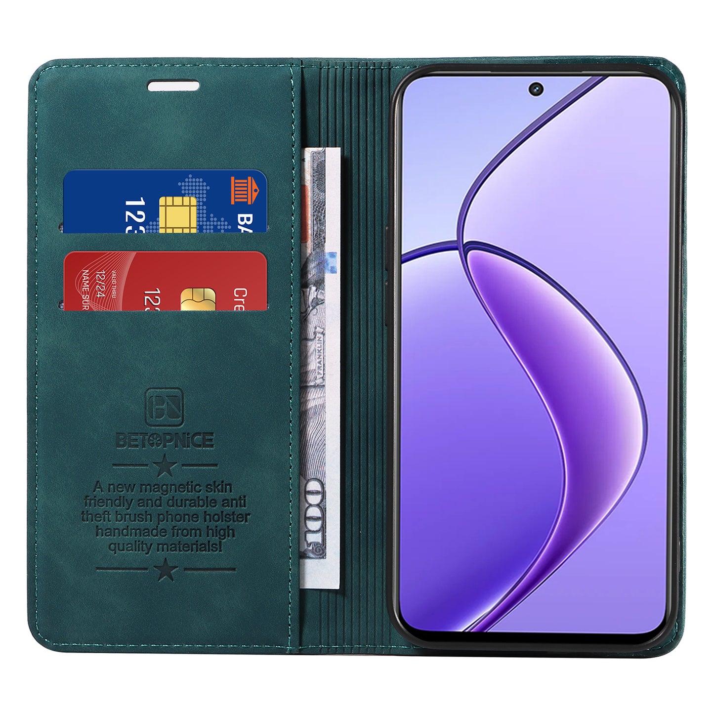 BETOPNICE 003 For Realme 12 Case RFID Blocking Wallet Drop-proof Phone Stand Cover - Green