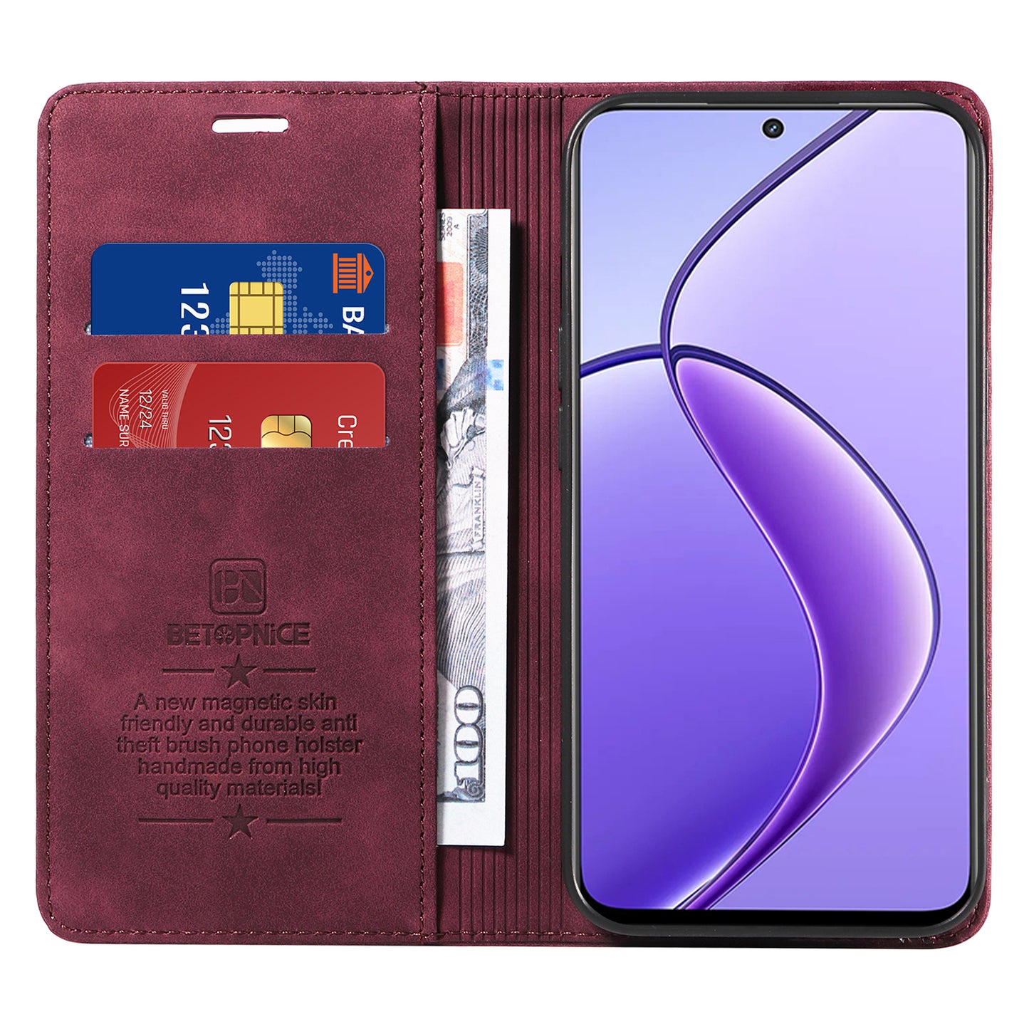 BETOPNICE 003 For Realme 12 Case RFID Blocking Wallet Drop-proof Phone Stand Cover - Red