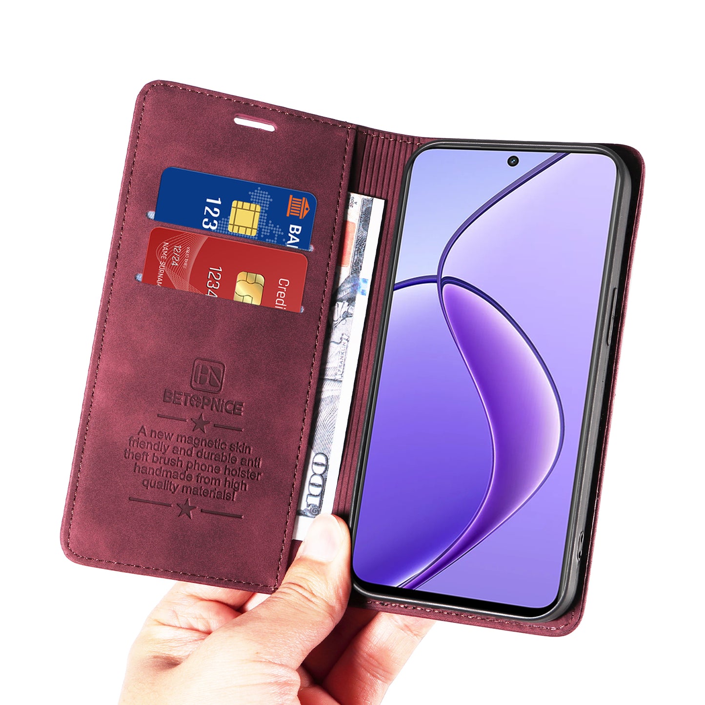 BETOPNICE 003 For Realme 12 Case RFID Blocking Wallet Drop-proof Phone Stand Cover - Red