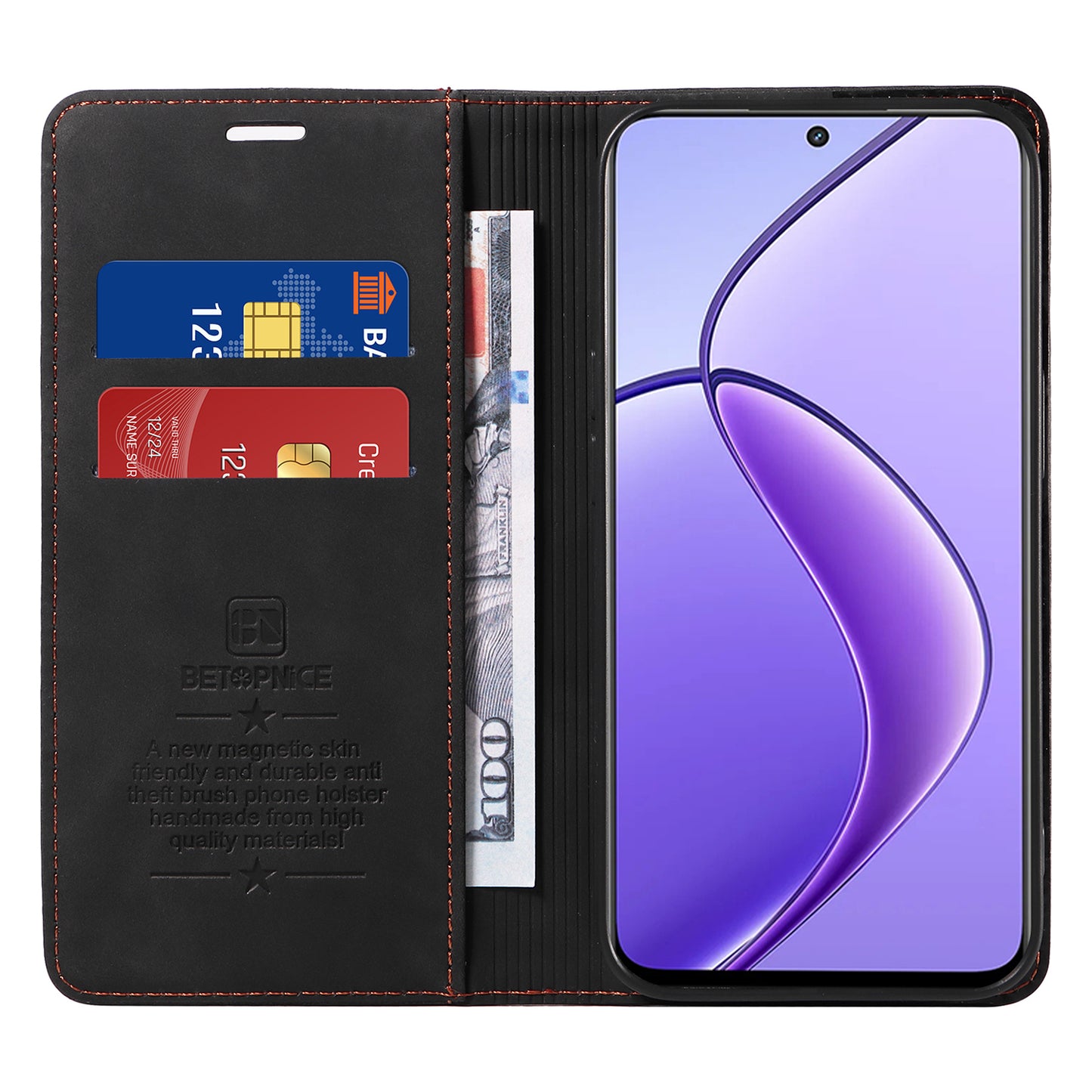 BETOPNICE 003 For Realme 12 Case RFID Blocking Wallet Drop-proof Phone Stand Cover - Black