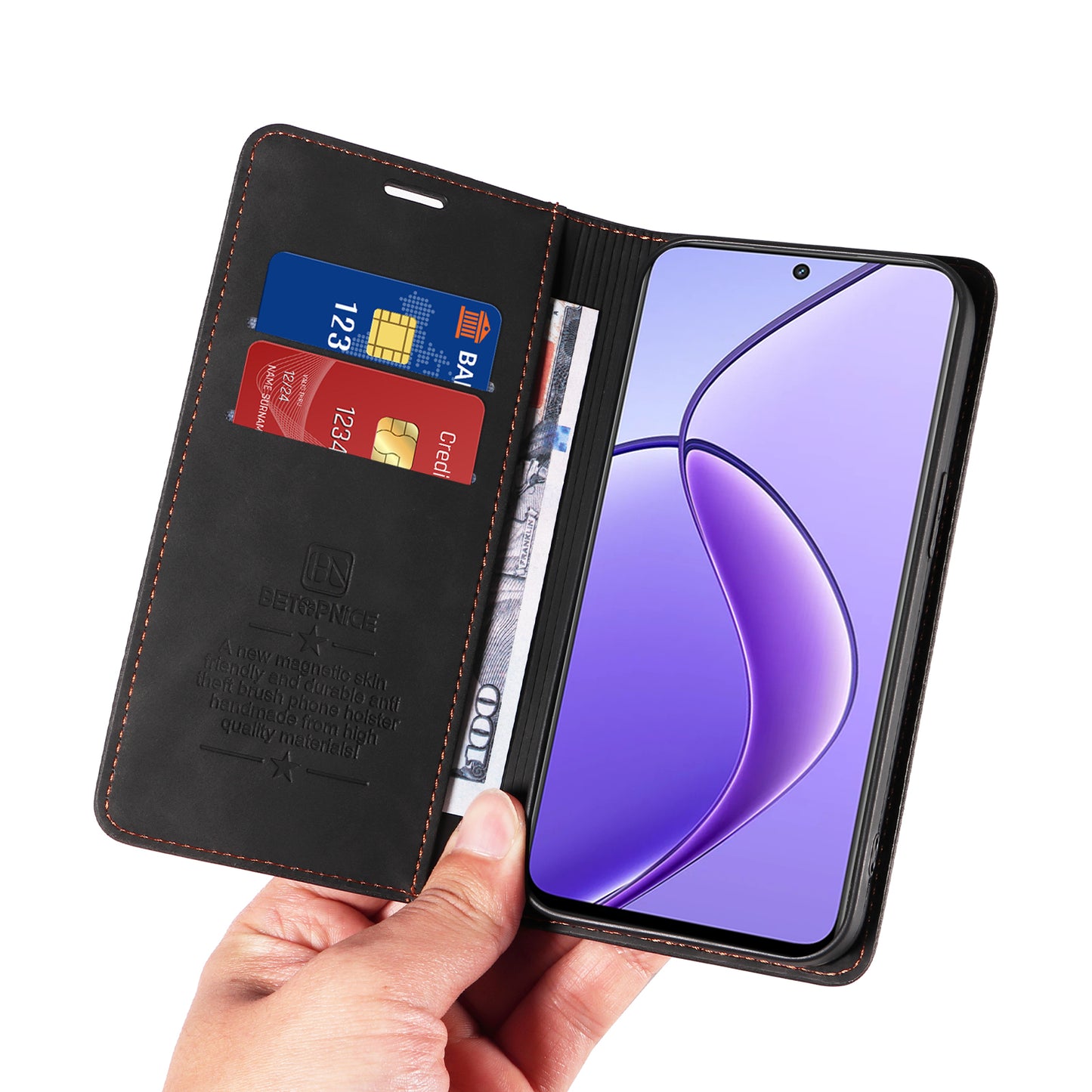 BETOPNICE 003 For Realme 12 Case RFID Blocking Wallet Drop-proof Phone Stand Cover - Black